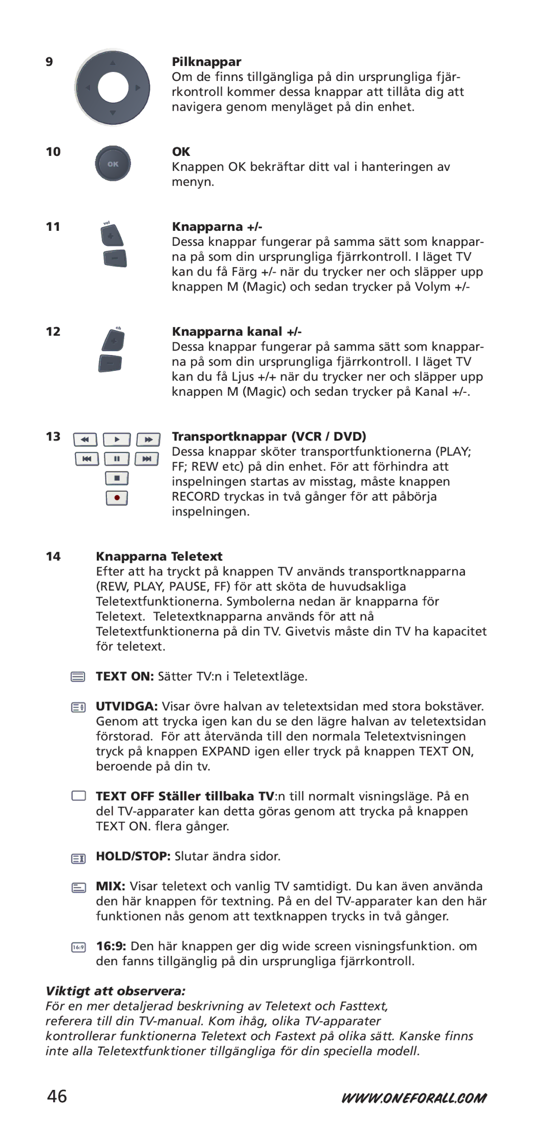 One for All URC-7950, URC-7955 Pilknappar, Knapparna +, Knapparna kanal +, Transportknappar VCR / DVD, Knapparna Teletext 