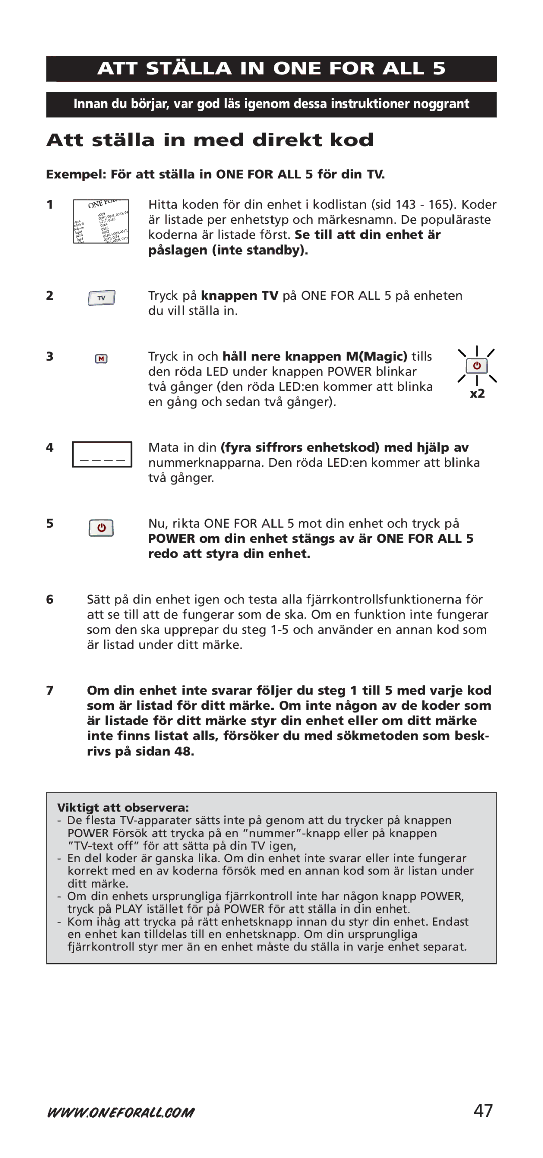 One for All 704918, URC-7955, URC-7950 Att ställa in med direkt kod, Exempel För att ställa in ONE for ALL 5 för din TV 