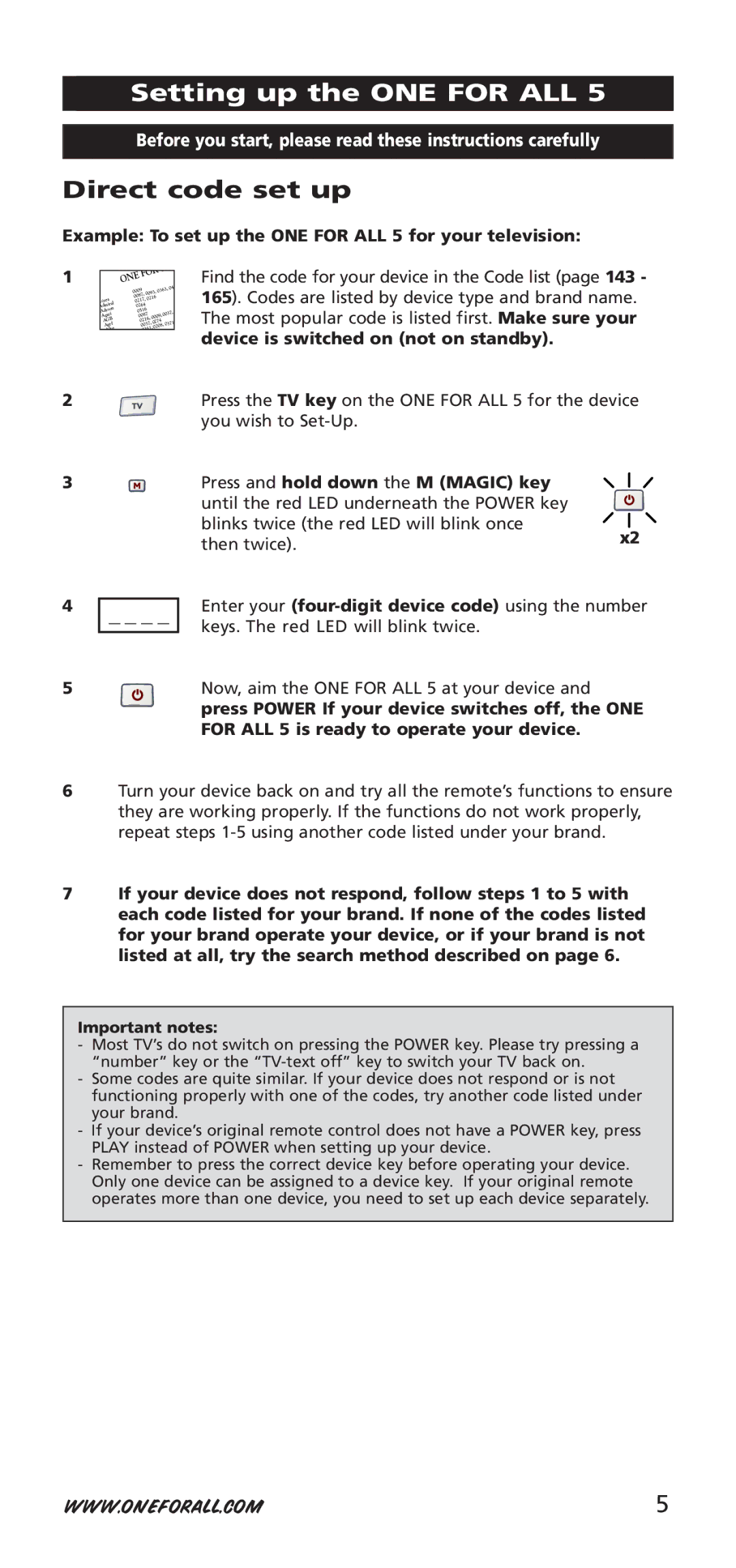 One for All 704918, URC-7955, URC-7950 instruction manual Setting up the ONE for ALL, Direct code set up 