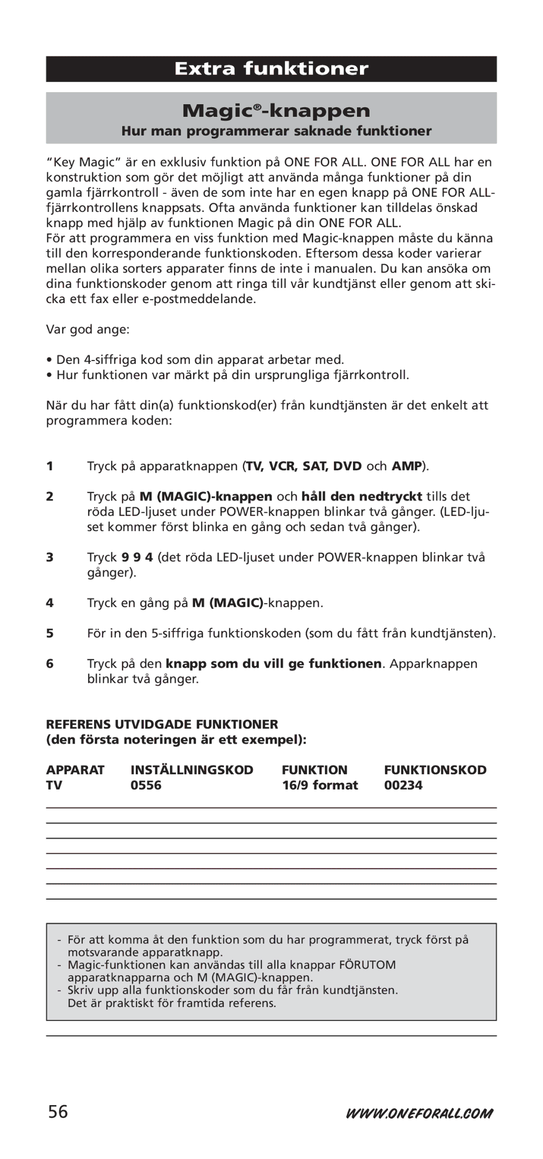 One for All 704918, URC-7955, URC-7950 instruction manual Magic-knappen, Apparat Inställningskod Funktion Funktionskod 