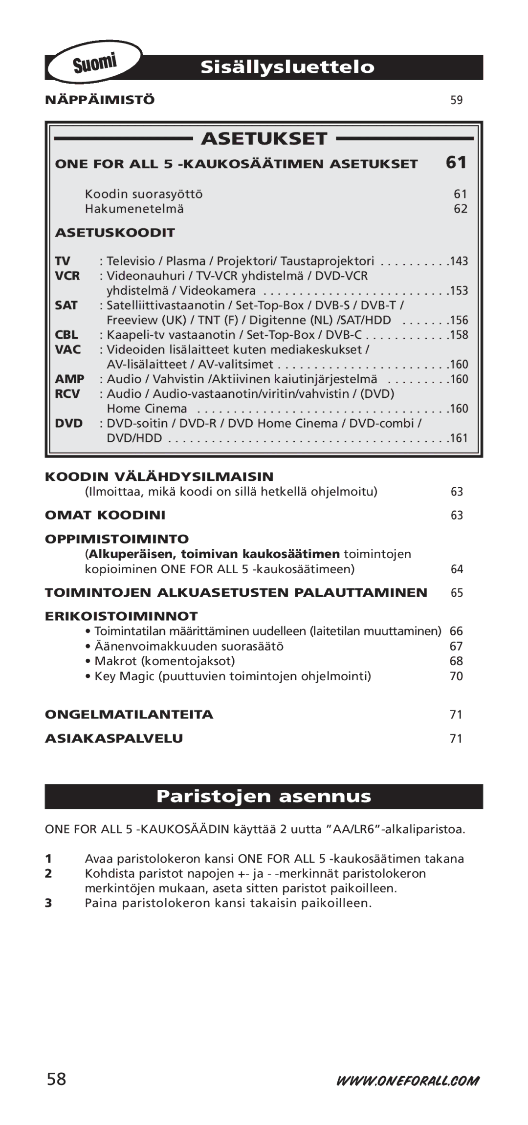 One for All URC-7950, URC-7955, 704918 instruction manual Sisällysluettelo, Paristojen asennus 