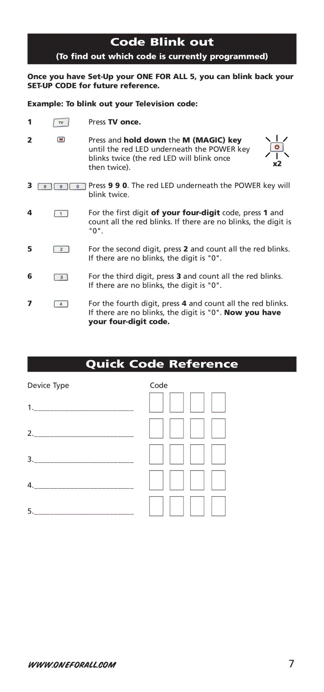 One for All URC-7950, URC-7955, 704918 instruction manual Code Blink out, Quick Code Reference 