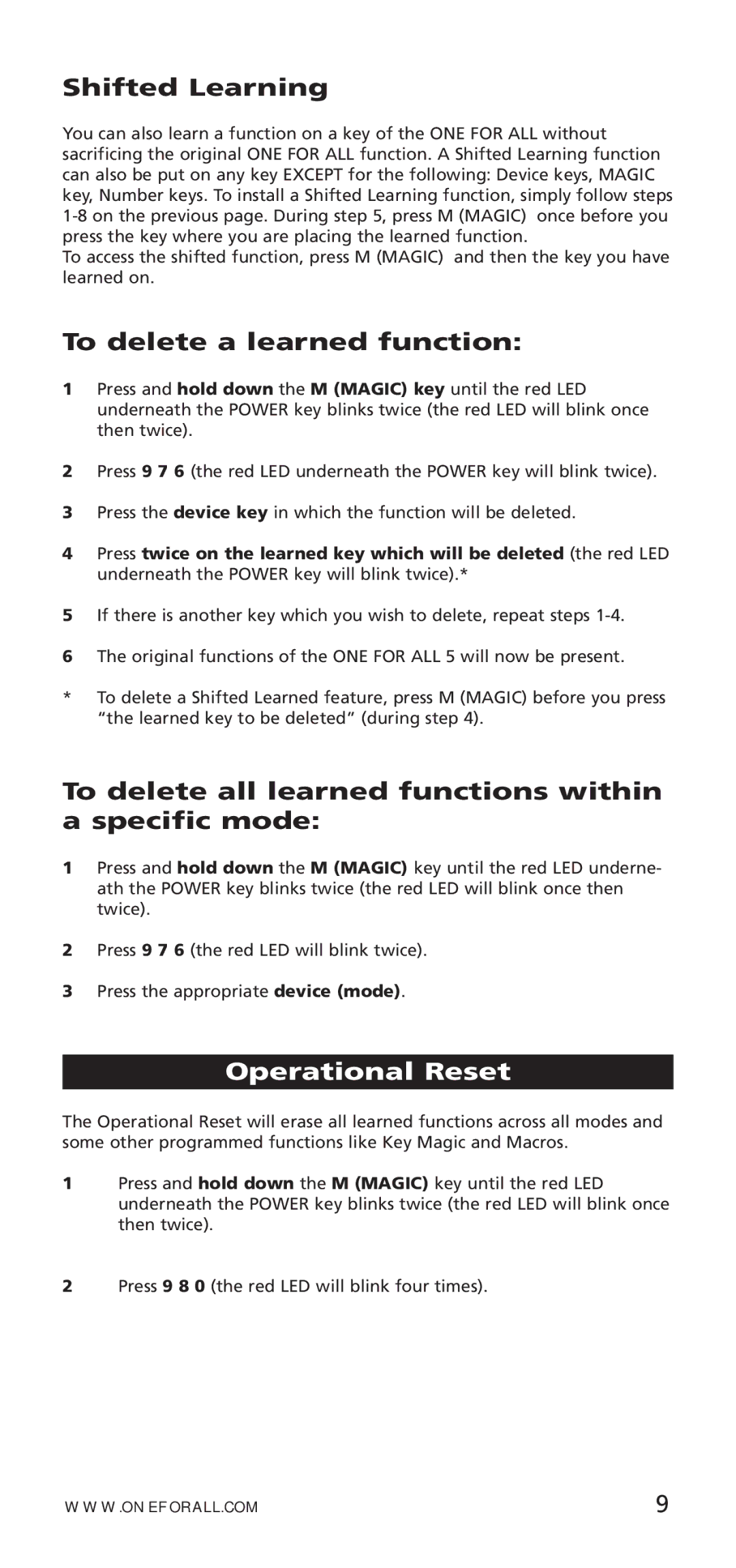 One for All URC-7955, URC-7950, 704918 instruction manual Shifted Learning, To delete a learned function, Operational Reset 