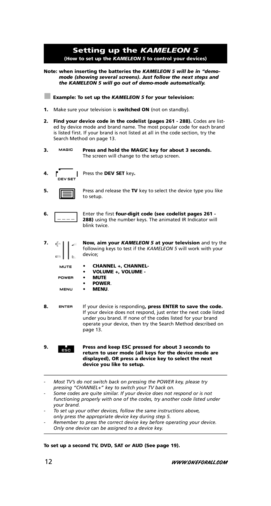 One for All URC-8305 warranty Setting up the Kameleon, Example To set up the Kameleon 5 for your television 