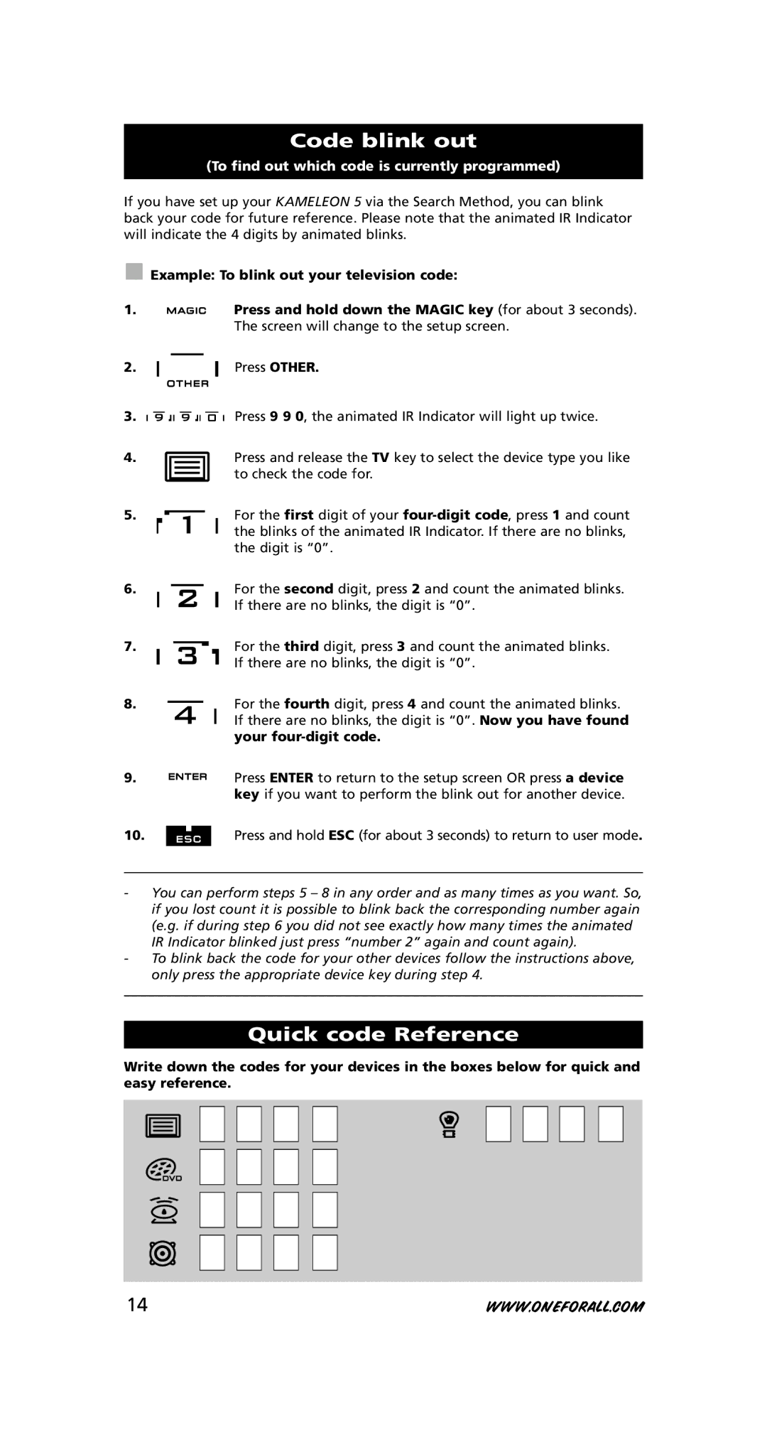 One for All URC-8305 warranty Code blink out, Quick code Reference 