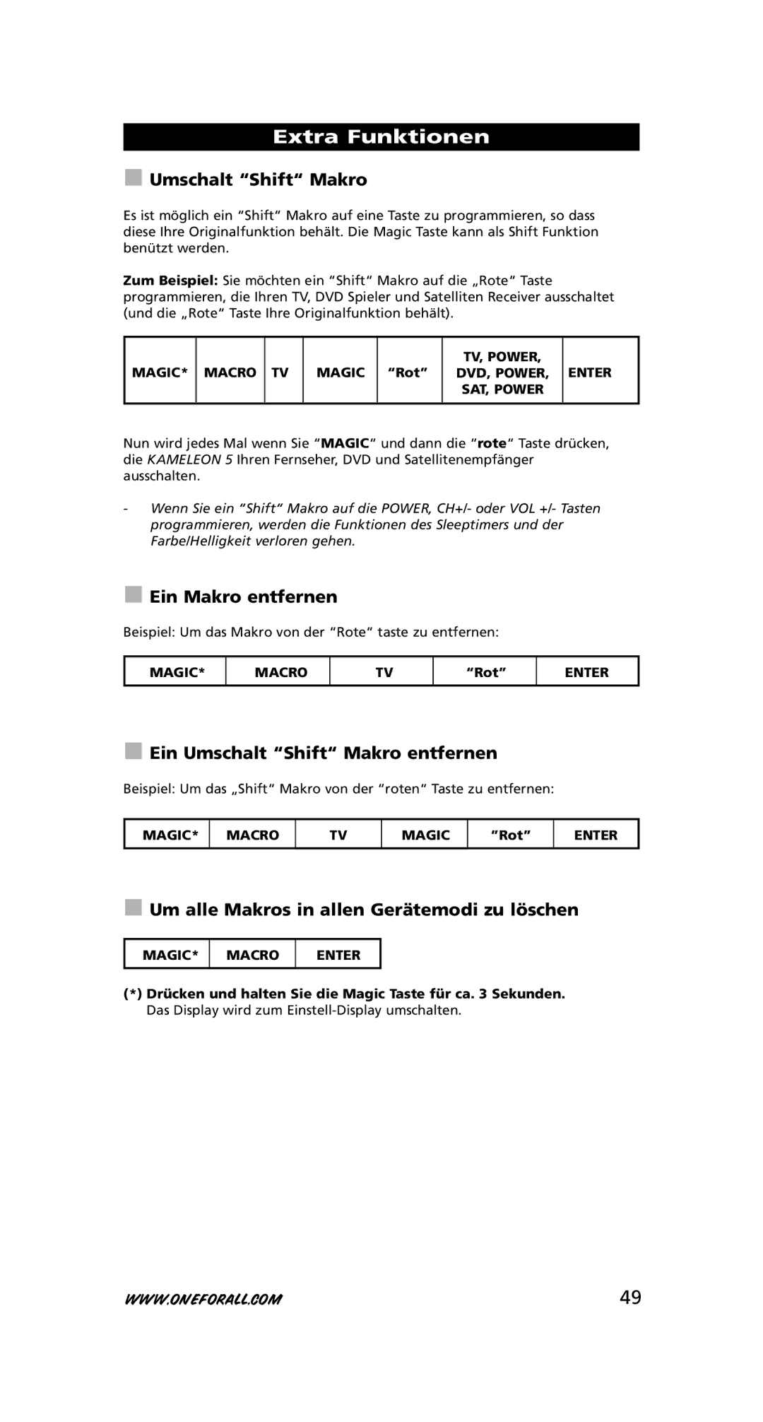 One for All URC-8305 warranty Ein Makro entfernen, Ein Umschalt Shift Makro entfernen, Magic Macro Enter 