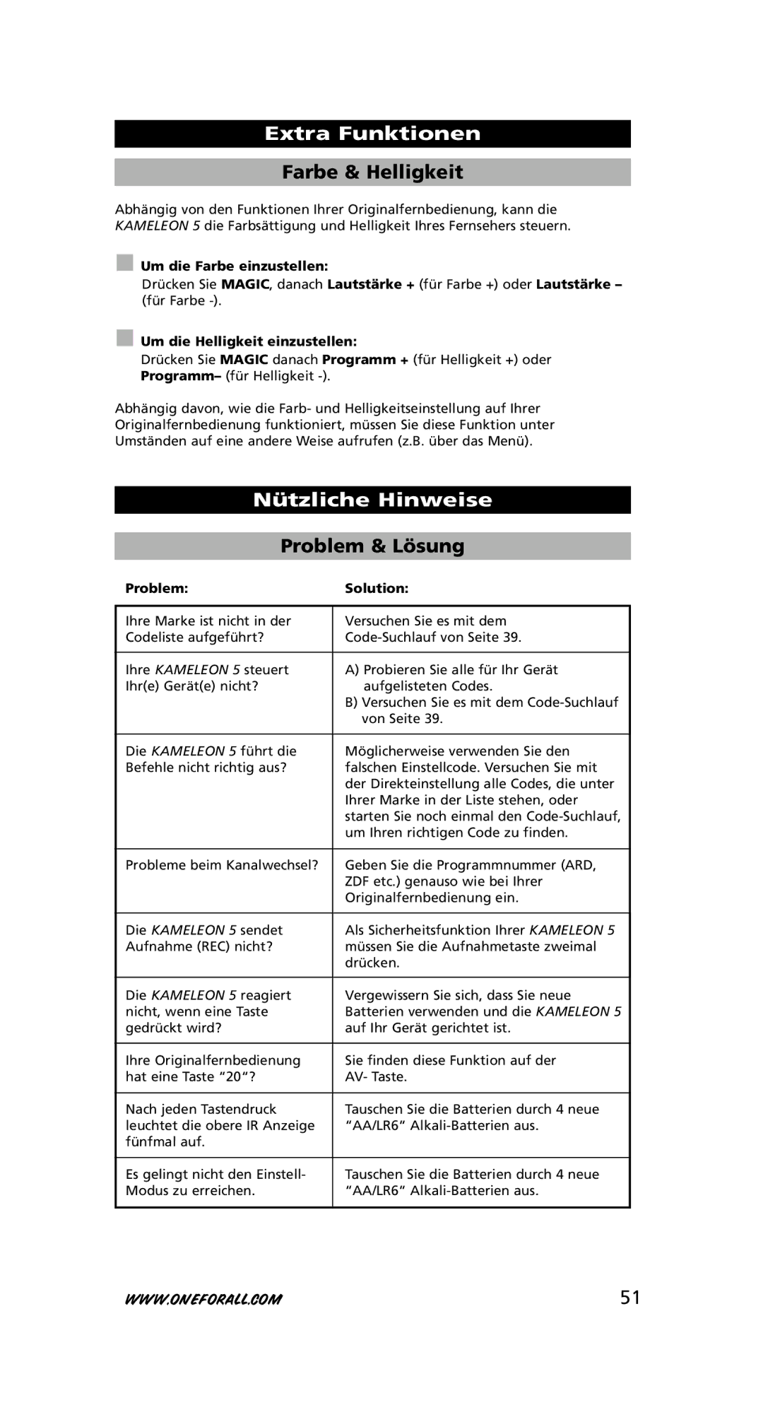 One for All URC-8305 warranty Farbe & Helligkeit, Nützliche Hinweise, Problem & Lösung, Um die Farbe einzustellen 
