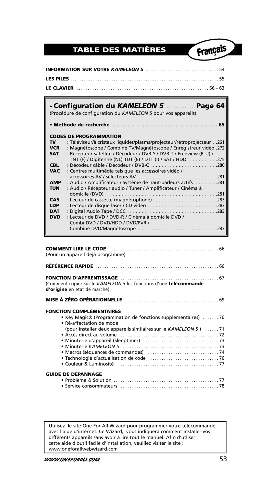 One for All URC-8305 warranty Codes DE Programmation, Fonction Complémentaires, Guide DE Dépannage 