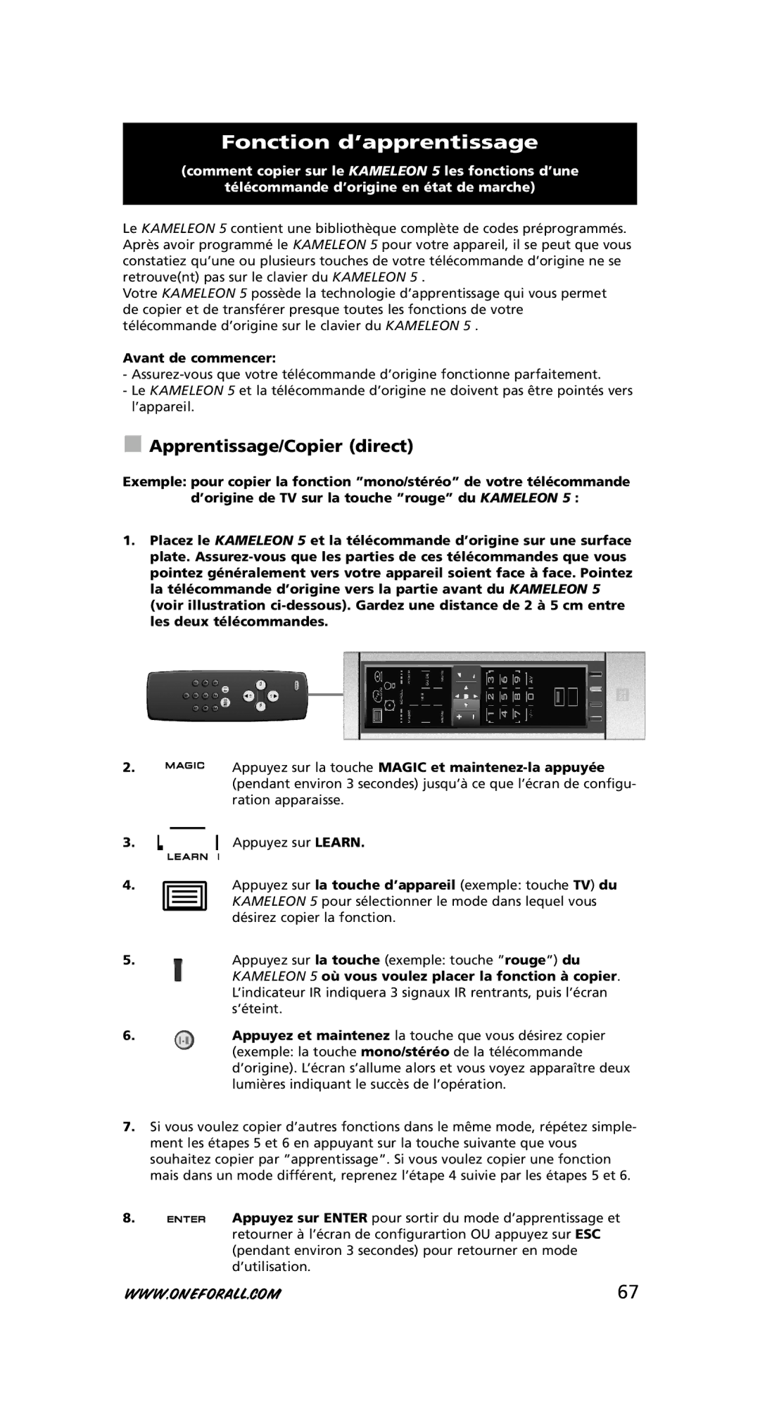 One for All URC-8305 warranty Fonction d’apprentissage, Apprentissage/Copier direct, Avant de commencer 