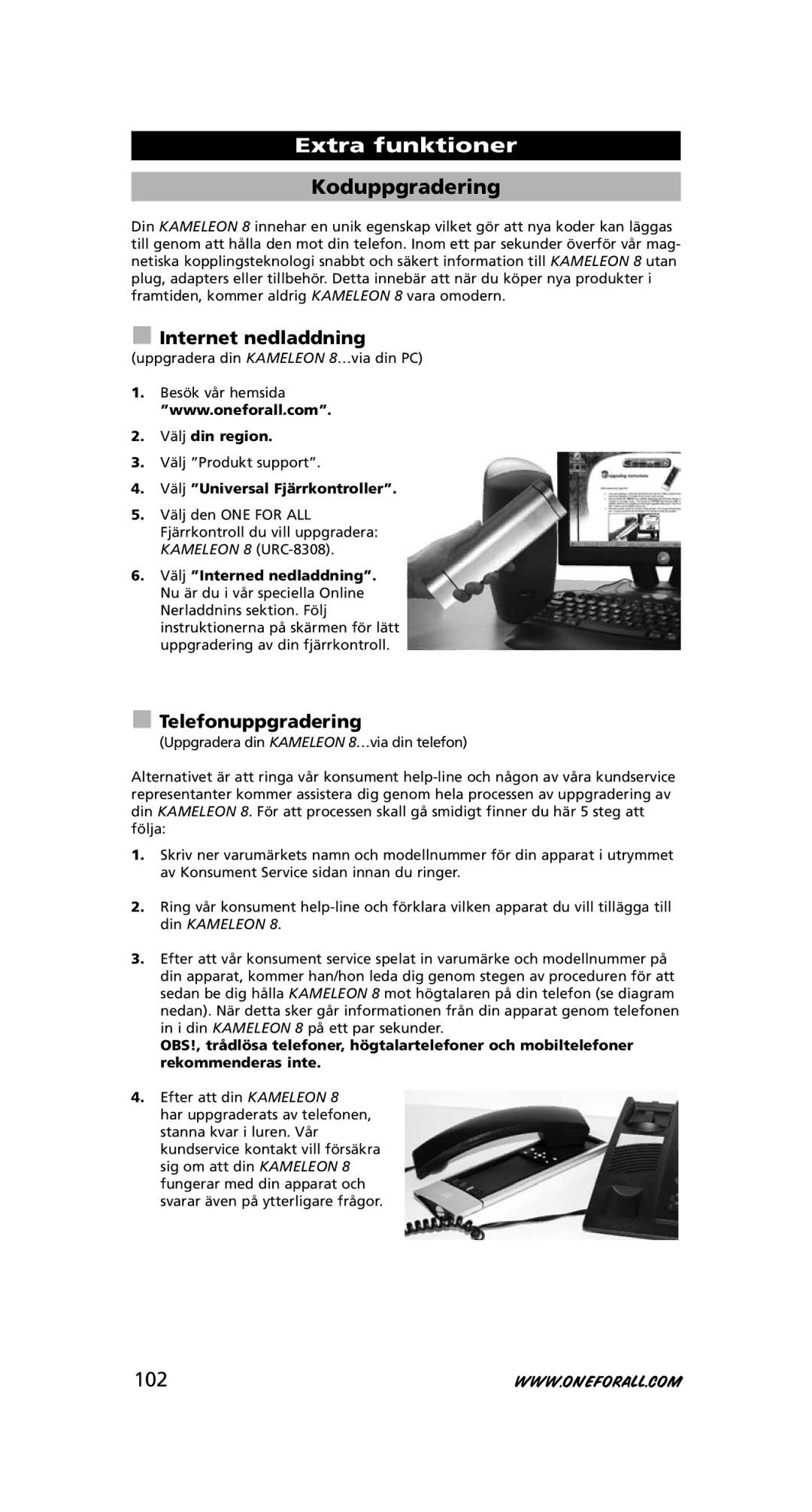 One for All URC-8308 instruction manual Koduppgradering, 102, Internet nedladdning, Telefonuppgradering 