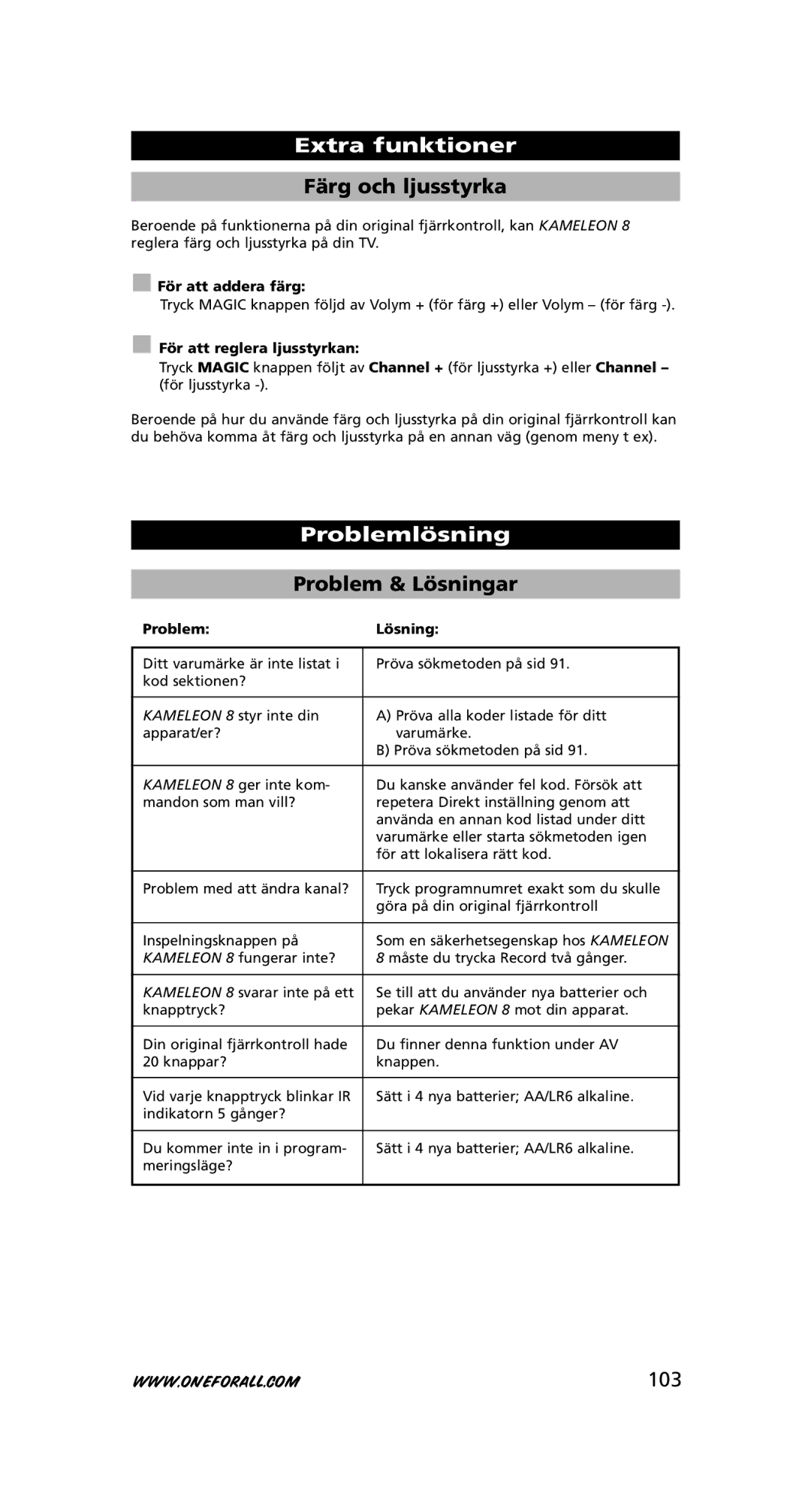 One for All URC-8308 instruction manual Färg och ljusstyrka, Problemlösning, Problem & Lösningar, 103 