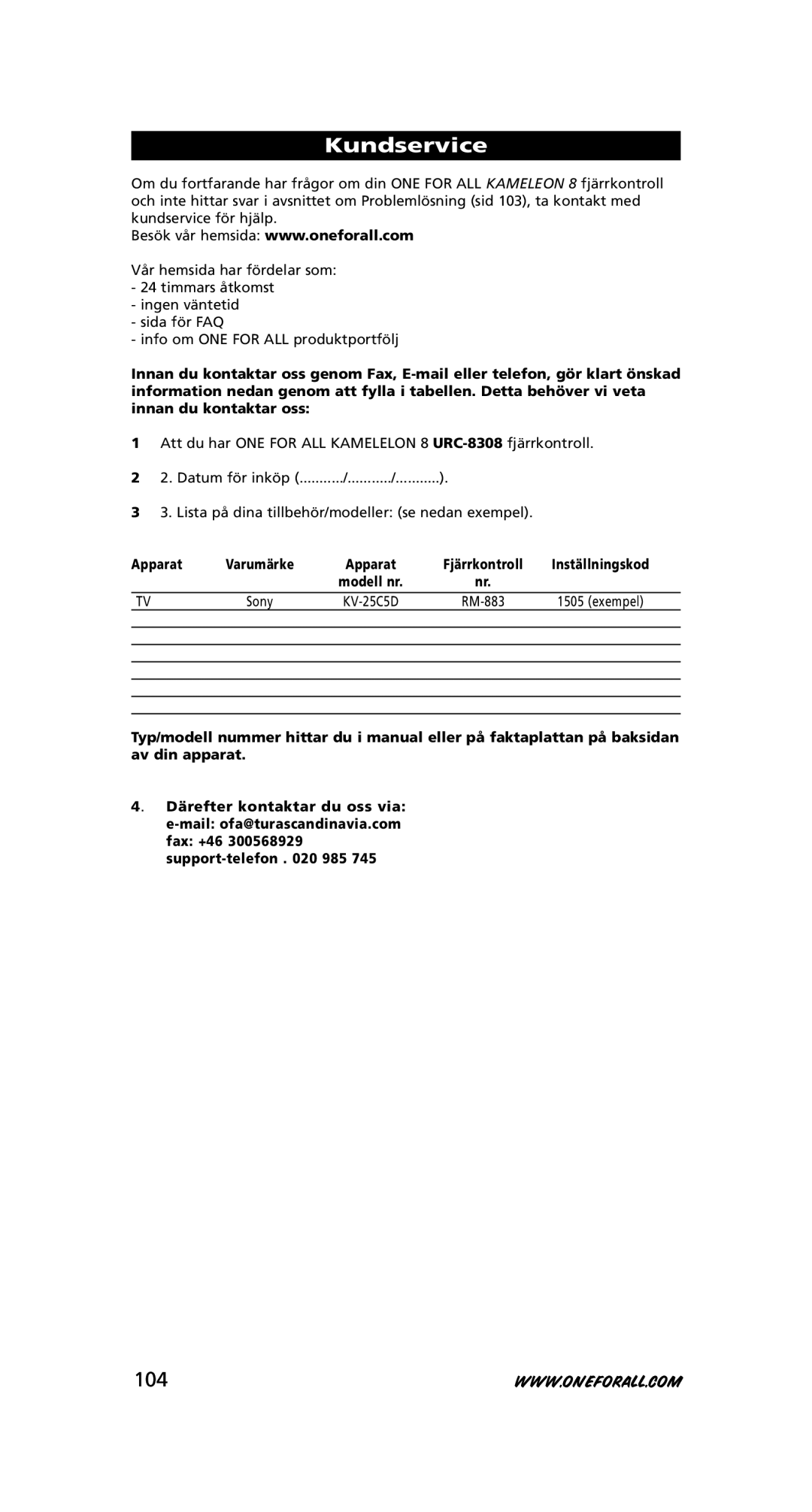 One for All URC-8308 instruction manual Kundservice, 104 