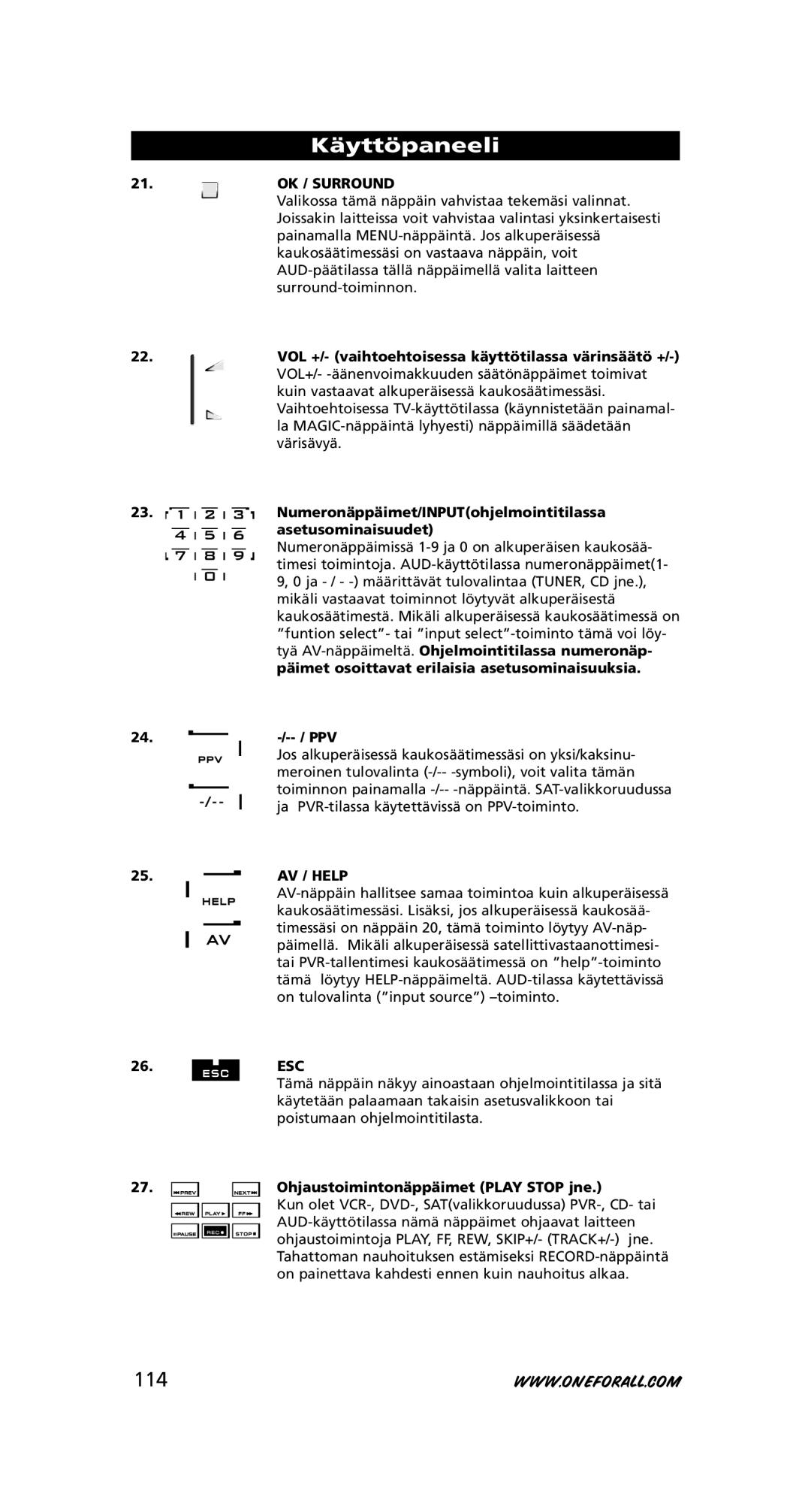 One for All URC-8308 instruction manual 114, Ohjaustoimintonäppäimet Play Stop jne 