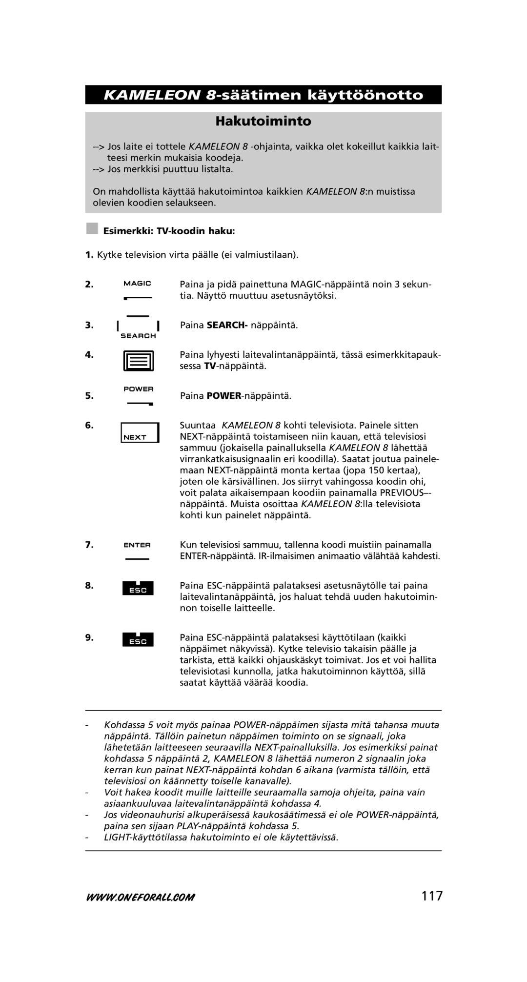 One for All URC-8308 instruction manual Hakutoiminto, 117, Esimerkki TV-koodin haku 