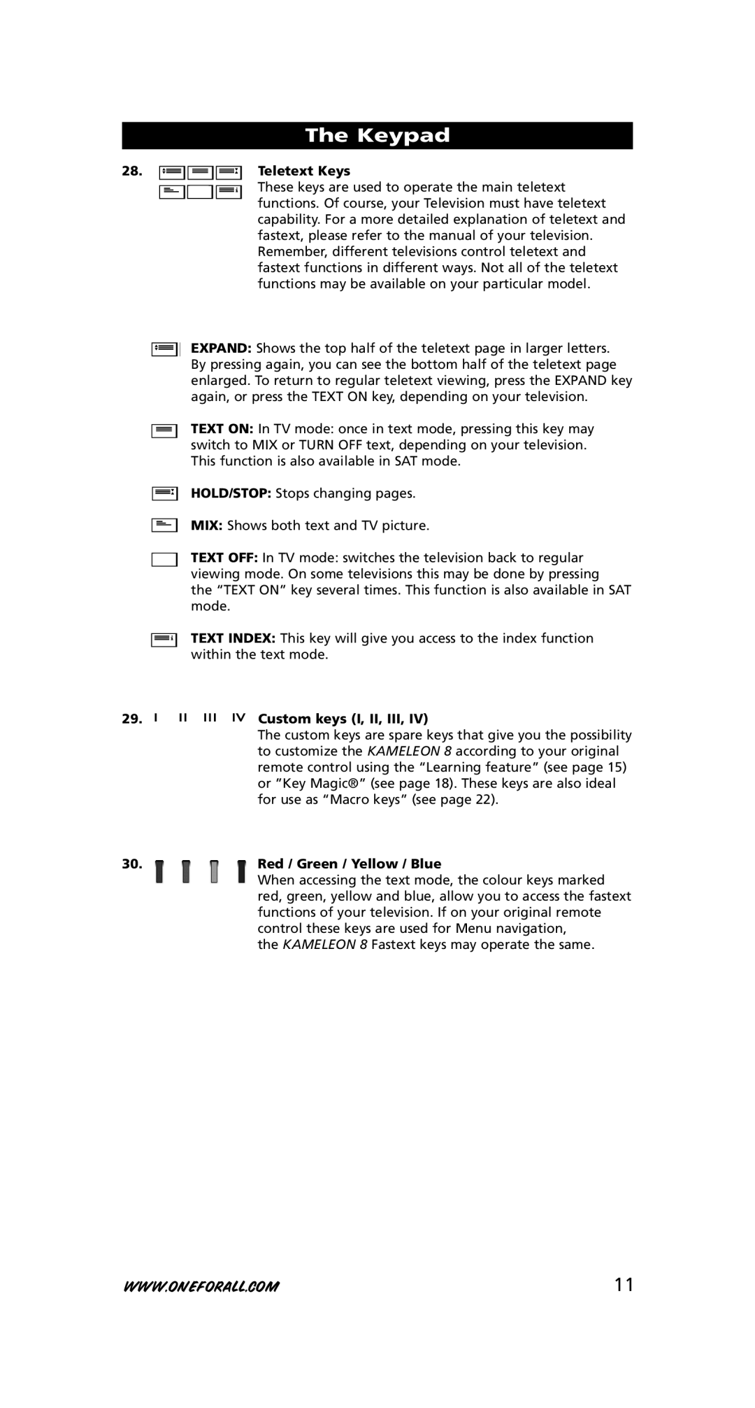 One for All URC-8308 instruction manual Teletext Keys, Custom keys I, II, III, Red / Green / Yellow / Blue 