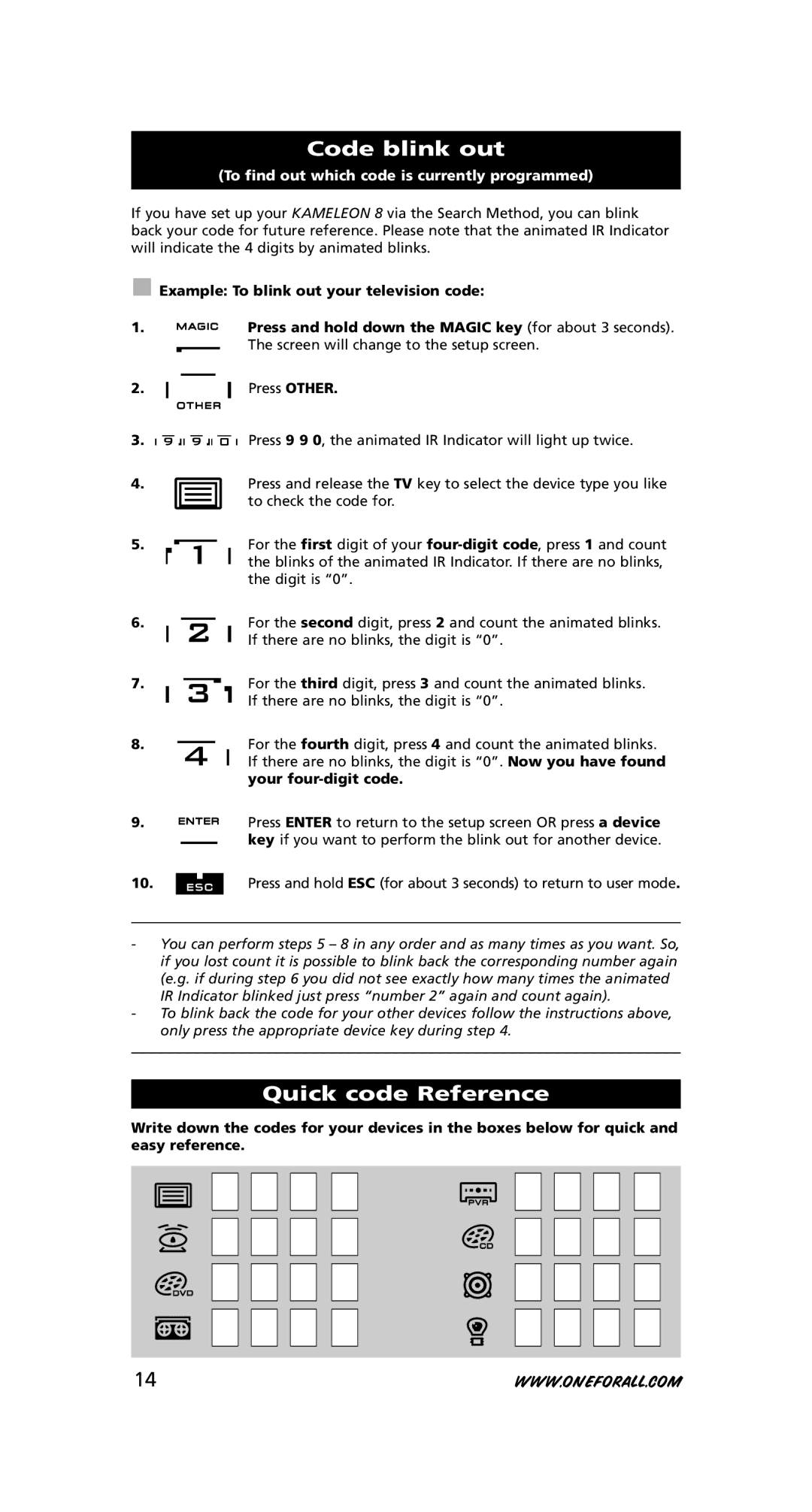 One for All URC-8308 instruction manual Code blink out, Quick code Reference 