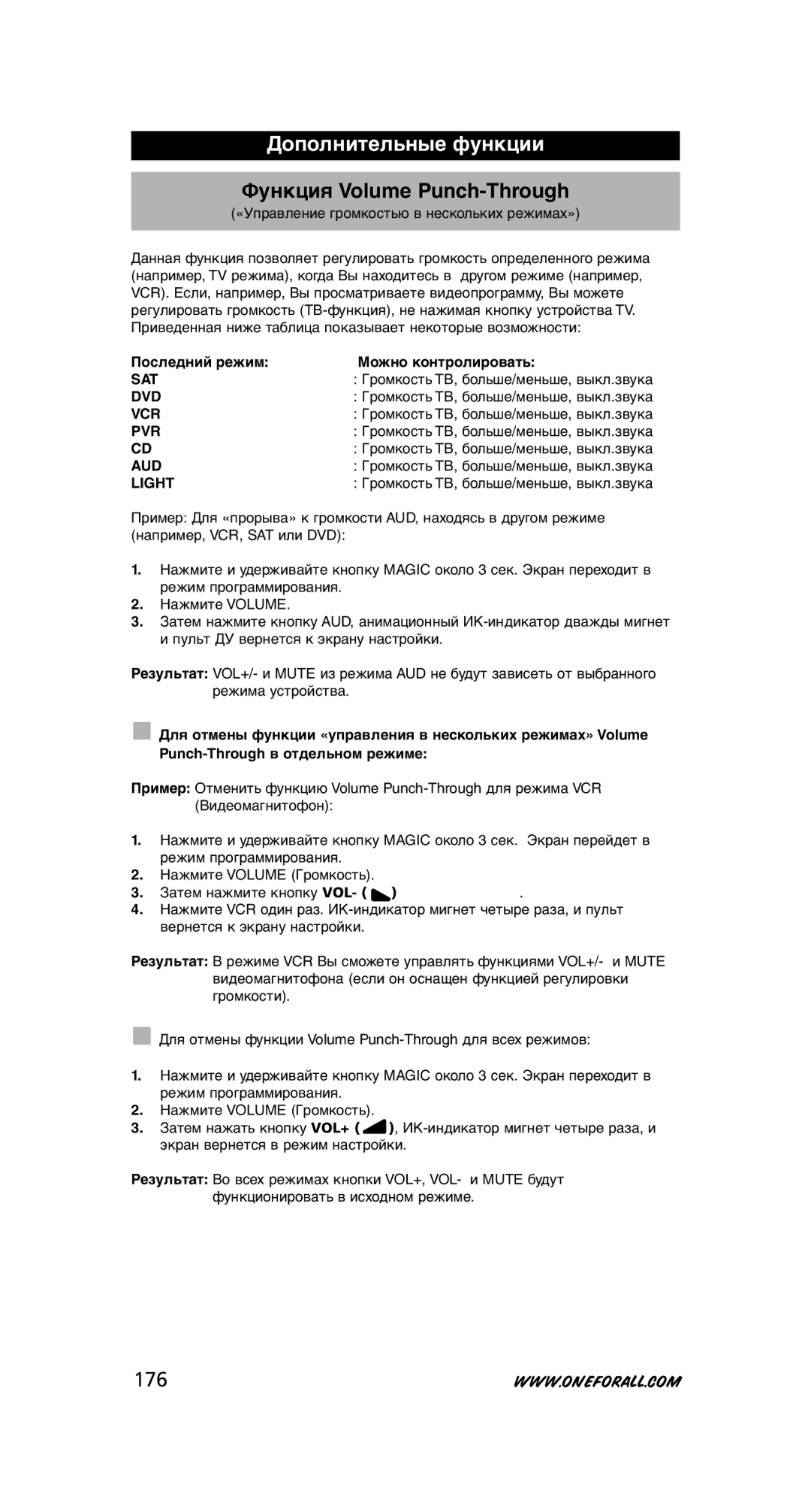 One for All URC-8308 Функция Volume Punch-Through, 176, Последний режим Можно контролировать, Затем нажмите кнопку VOL 