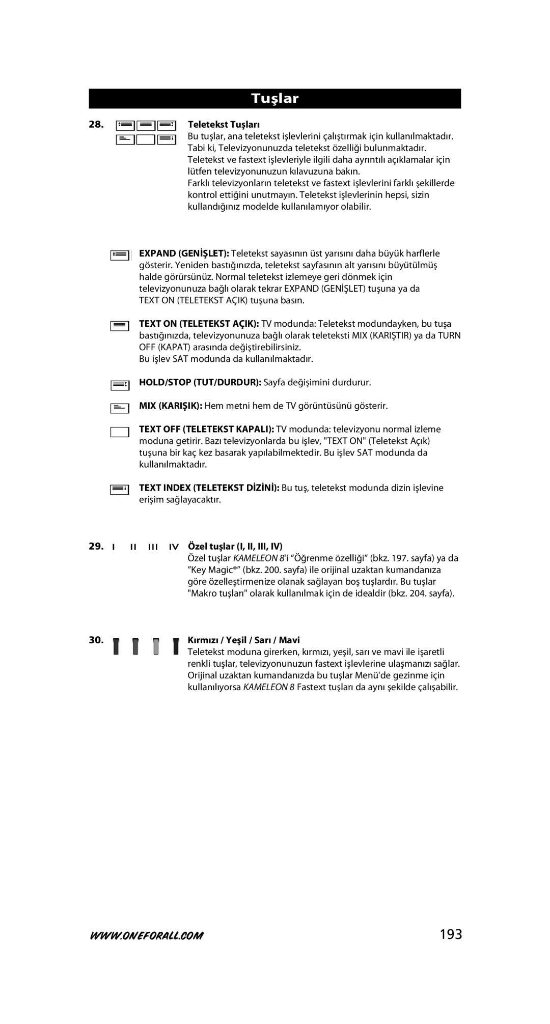 One for All URC-8308 instruction manual 193, Teletekst Tuşları, Özel tuşlar I, II, III, Kırmızı / Yeşil / Sarı / Mavi 