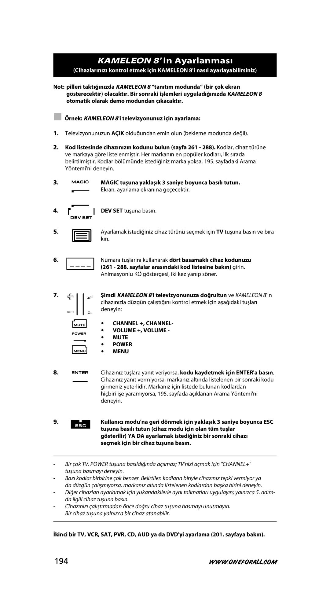 One for All URC-8308 instruction manual Kameleon 8 in Ayarlanması, 194 
