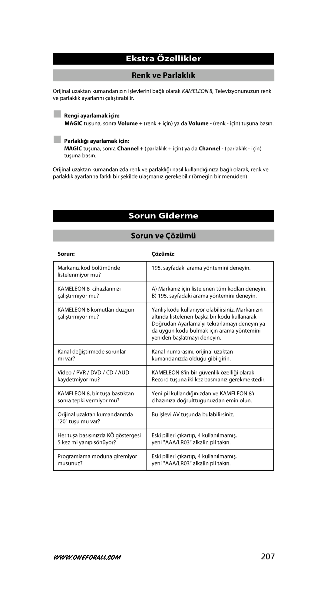 One for All URC-8308 instruction manual Renk ve Parlaklık, Sorun Giderme, Sorun ve Çözümü, 207 