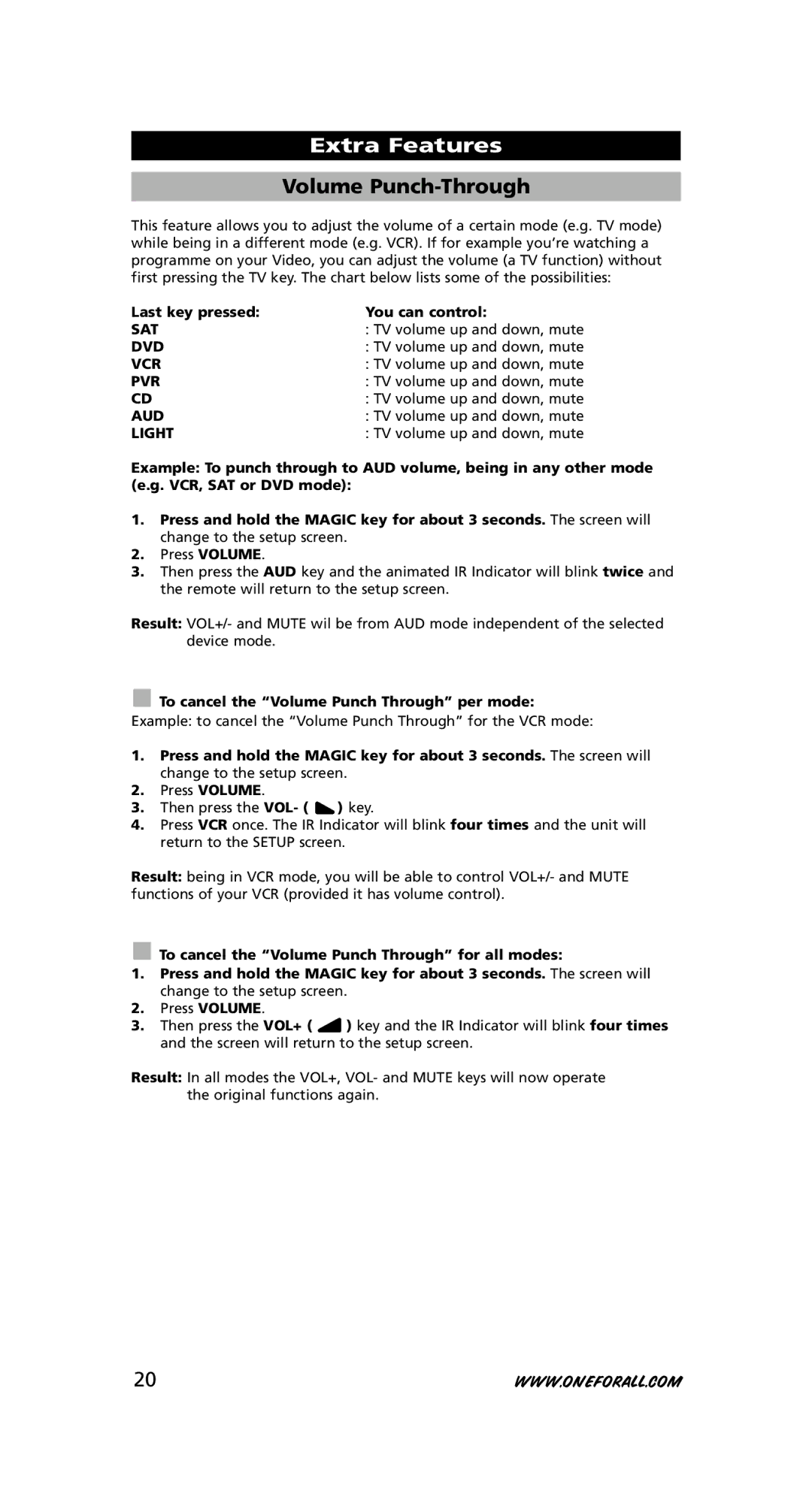 One for All URC-8308 Volume Punch-Through, Last key pressed You can control, TV volume up and down, mute 