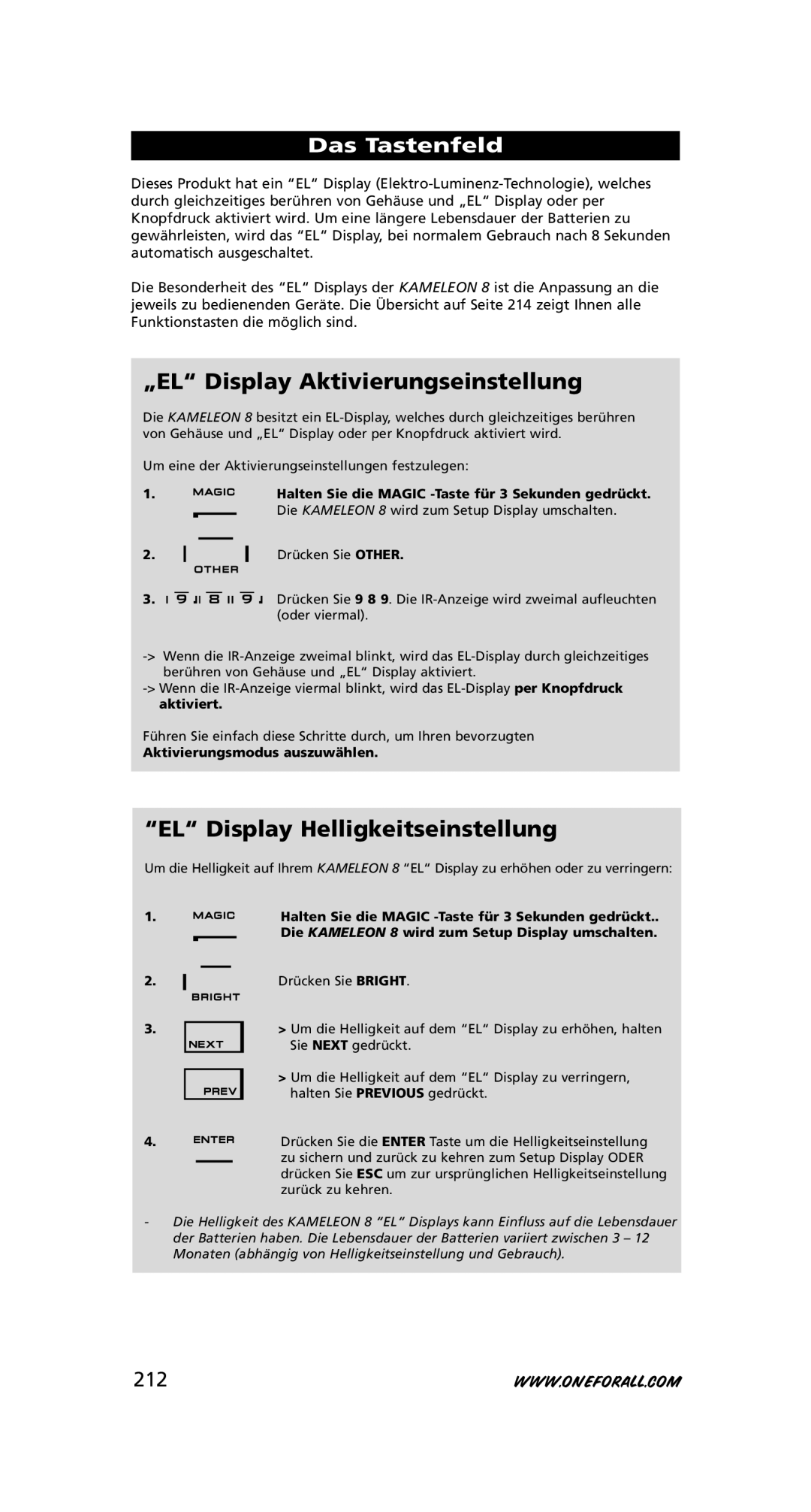 One for All URC-8308 „EL Display Aktivierungseinstellung, EL Display Helligkeitseinstellung, Das Tastenfeld, 212 