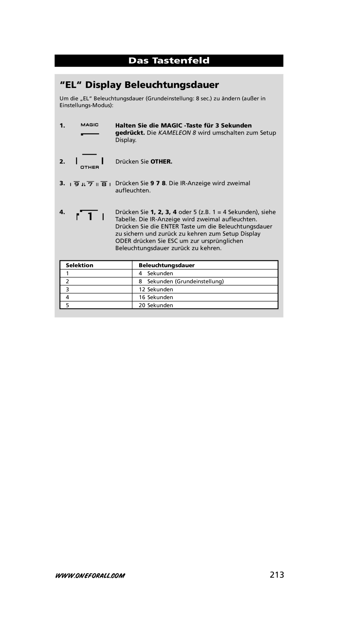 One for All URC-8308 instruction manual EL Display Beleuchtungsdauer, 213, Selektion Beleuchtungsdauer 