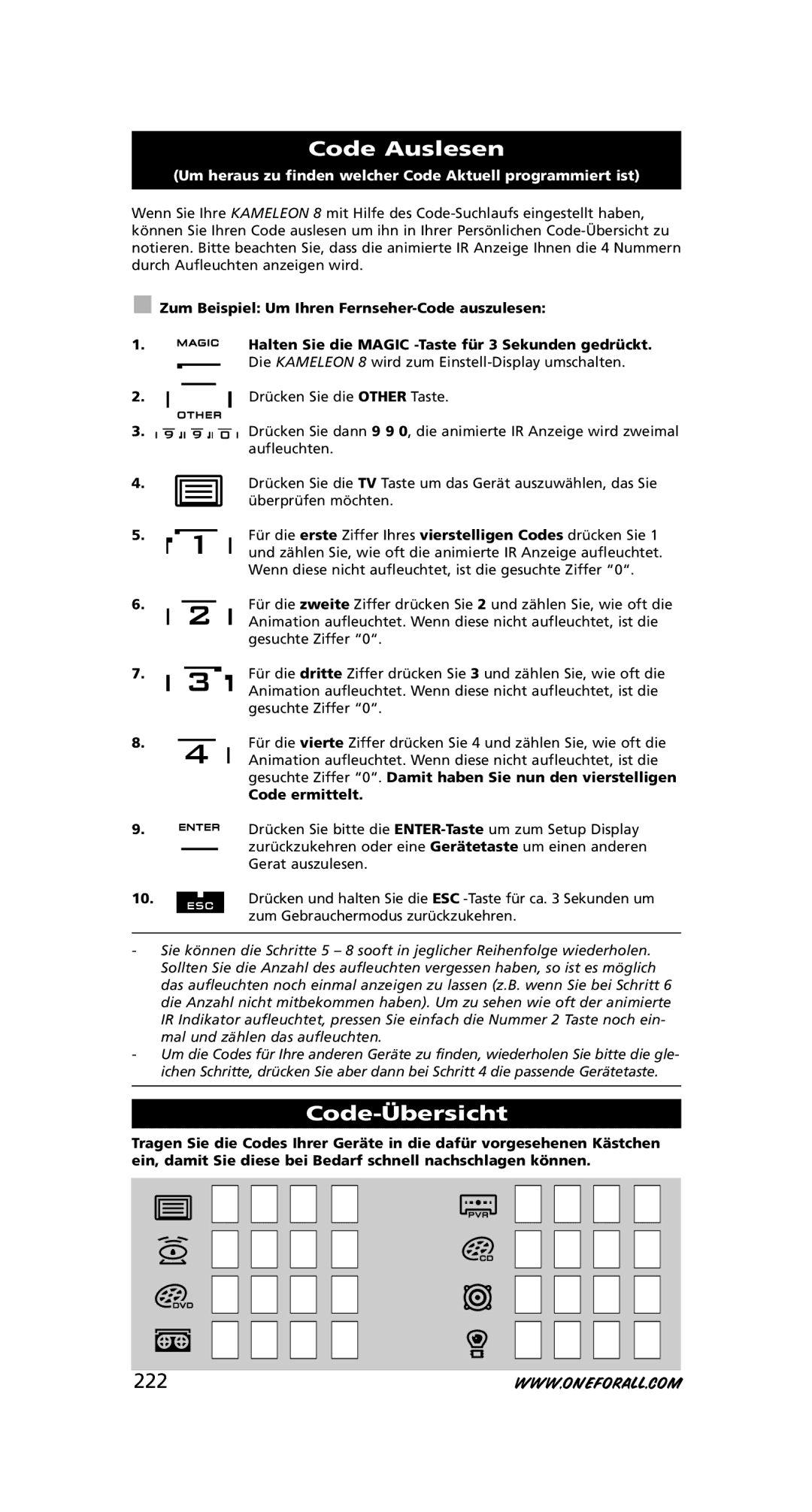 One for All URC-8308 instruction manual Code Auslesen, Code-Übersicht, 222, Code ermittelt 