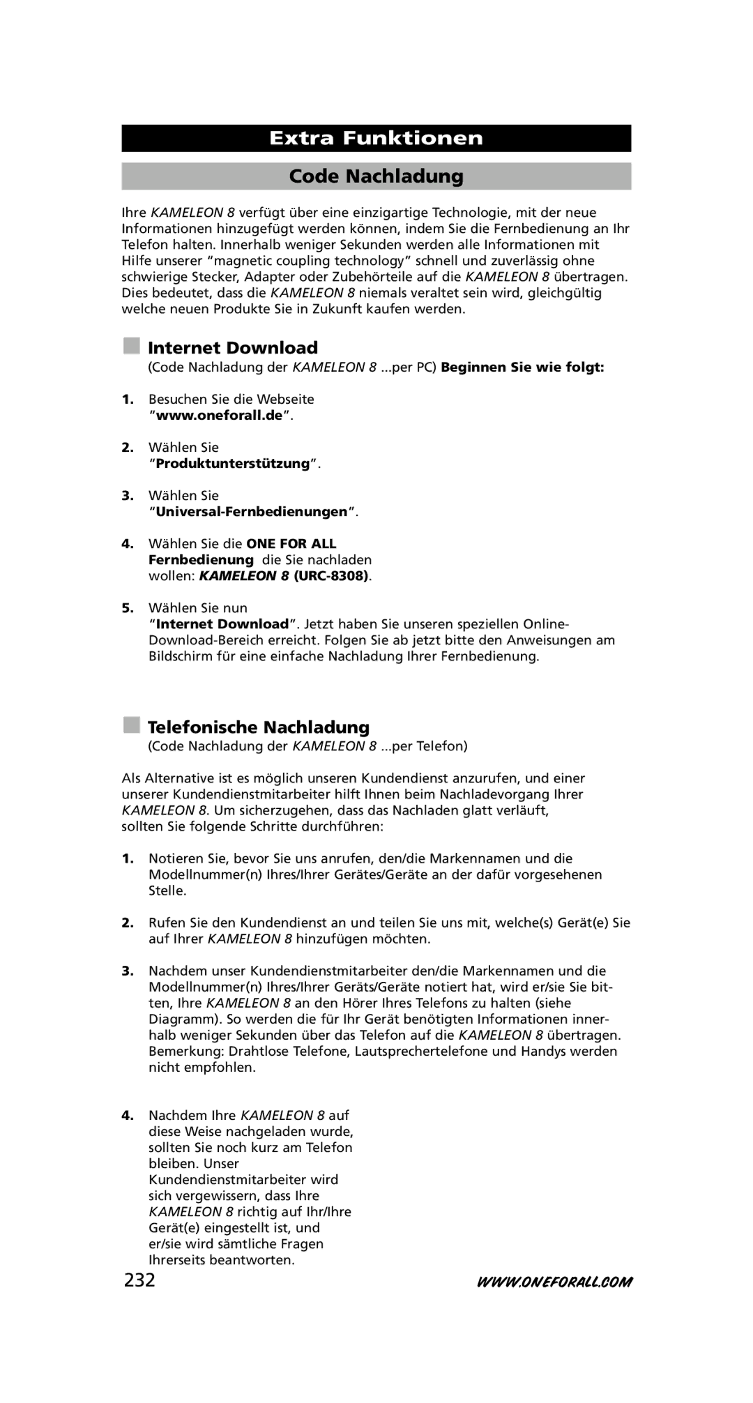 One for All URC-8308 Code Nachladung, 232, Telefonische Nachladung, Produktunterstützung, Universal-Fernbedienungen 