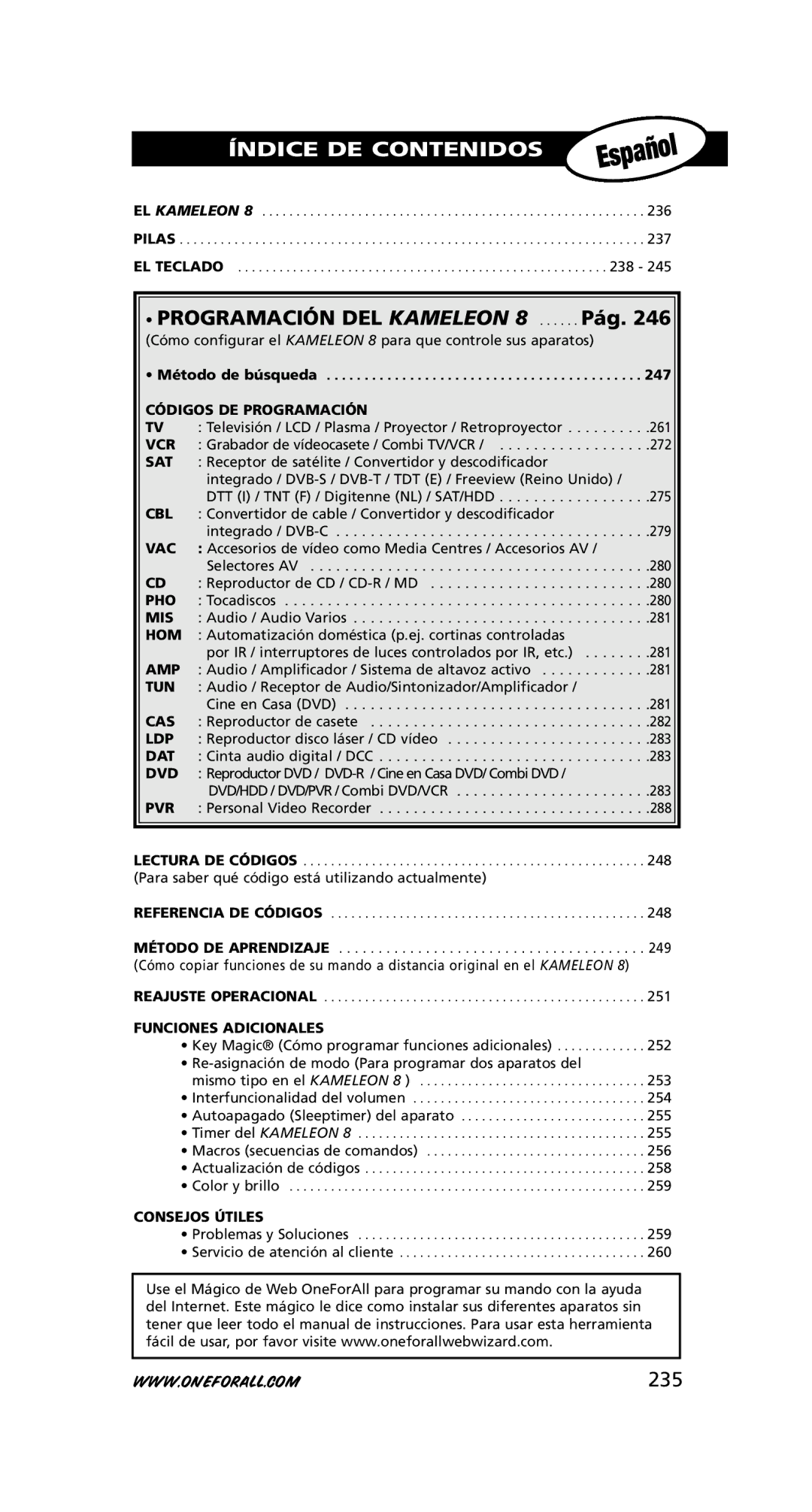 One for All URC-8308 instruction manual Pág, 235, Códigos DE Programación, Funciones Adicionales, Consejos Útiles 