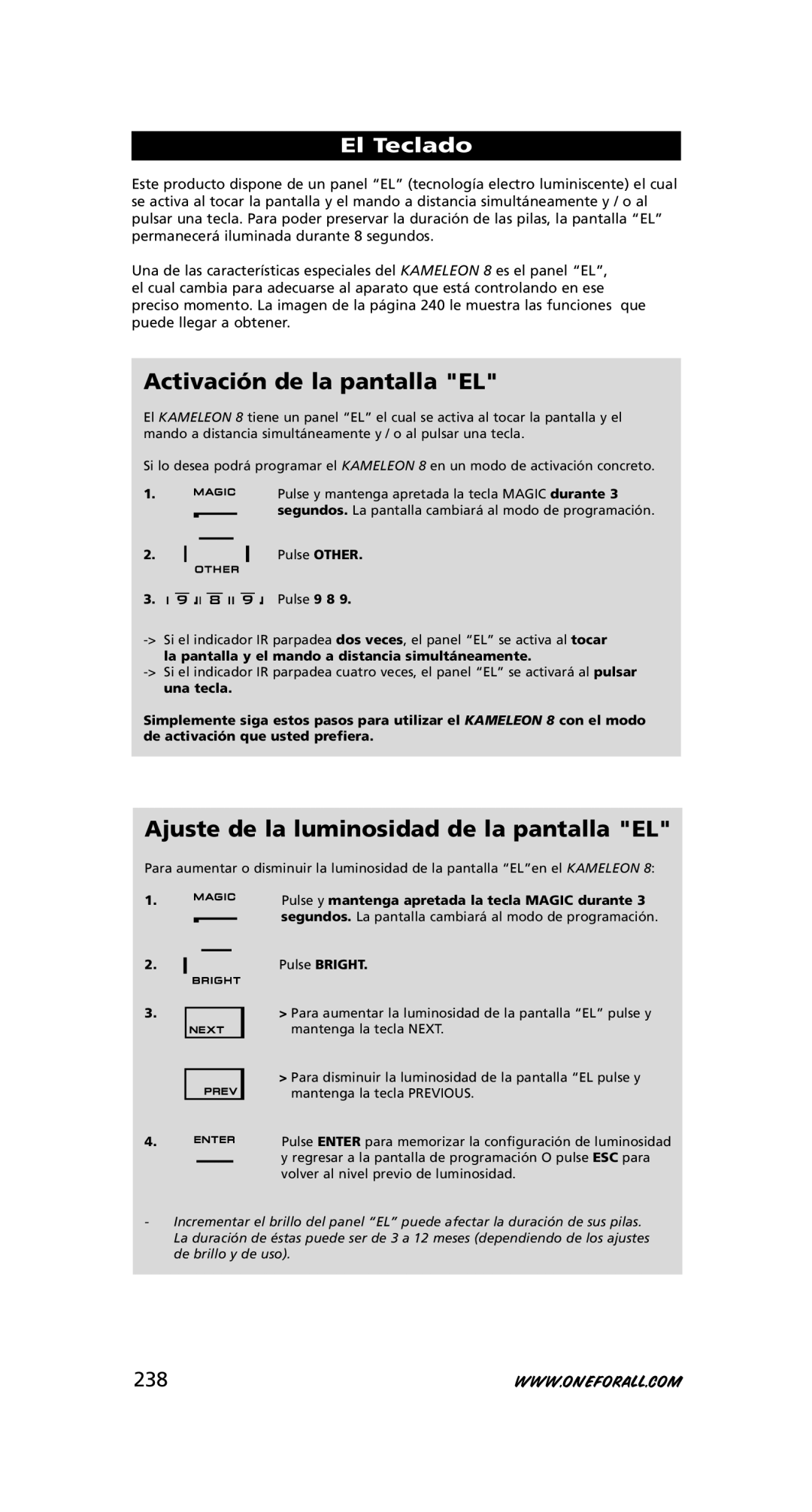 One for All URC-8308 Activación de la pantalla EL, Ajuste de la luminosidad de la pantalla EL, El Teclado, 238 