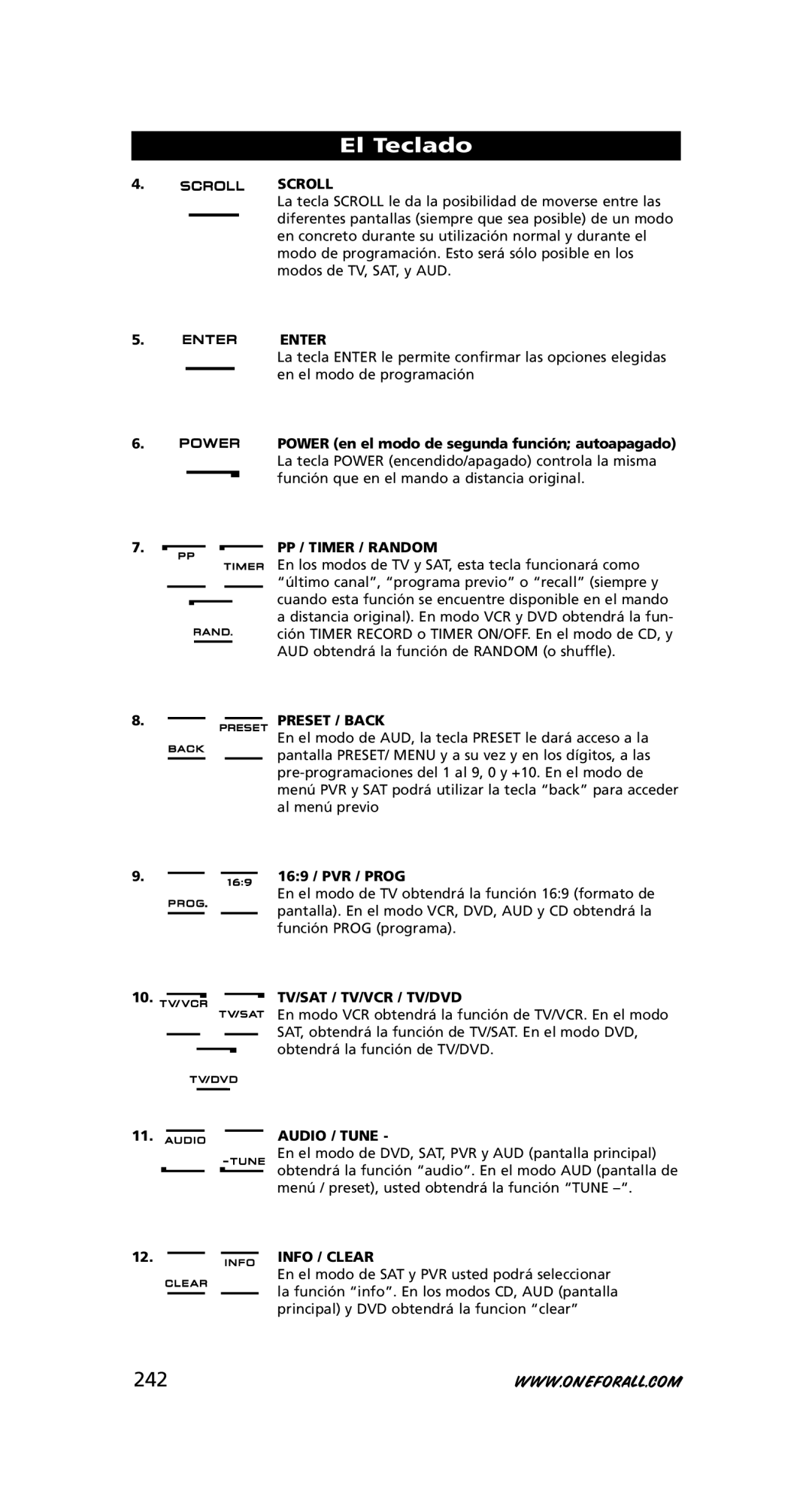 One for All URC-8308 instruction manual 242, Power en el modo de segunda función autoapagado, PP / Timer / Random 