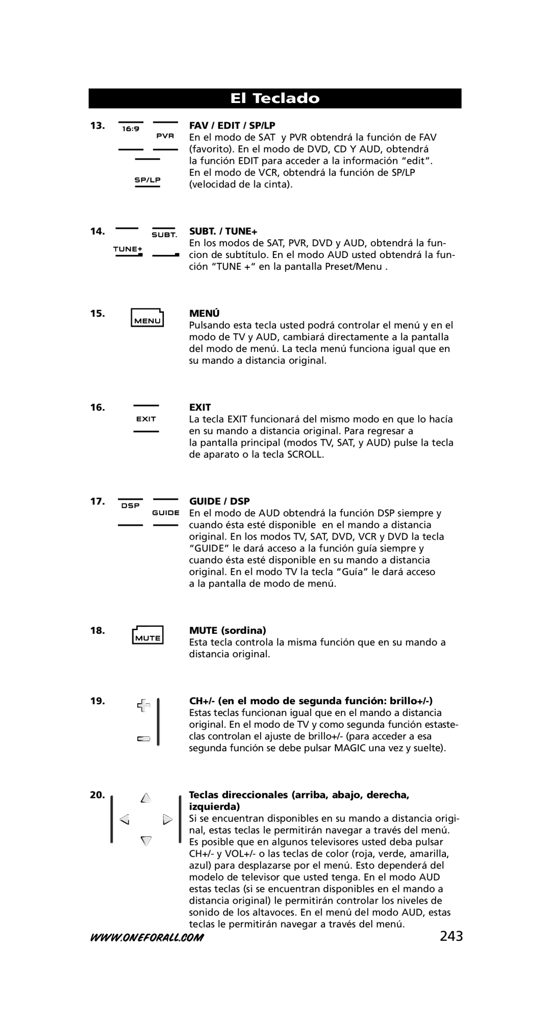 One for All URC-8308 instruction manual 243, Menú, Mute sordina 