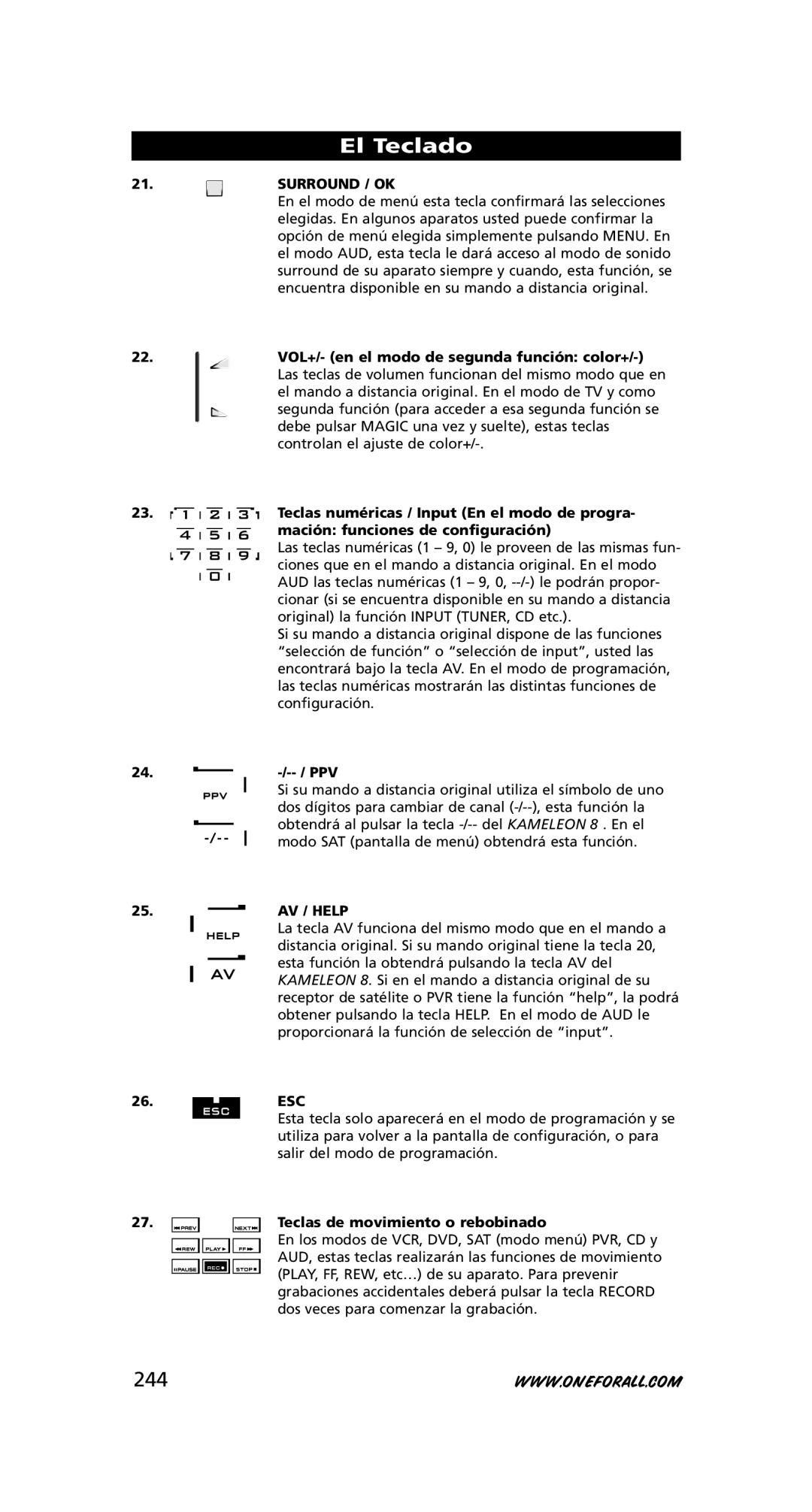 One for All URC-8308 instruction manual 244, Teclas de movimiento o rebobinado 