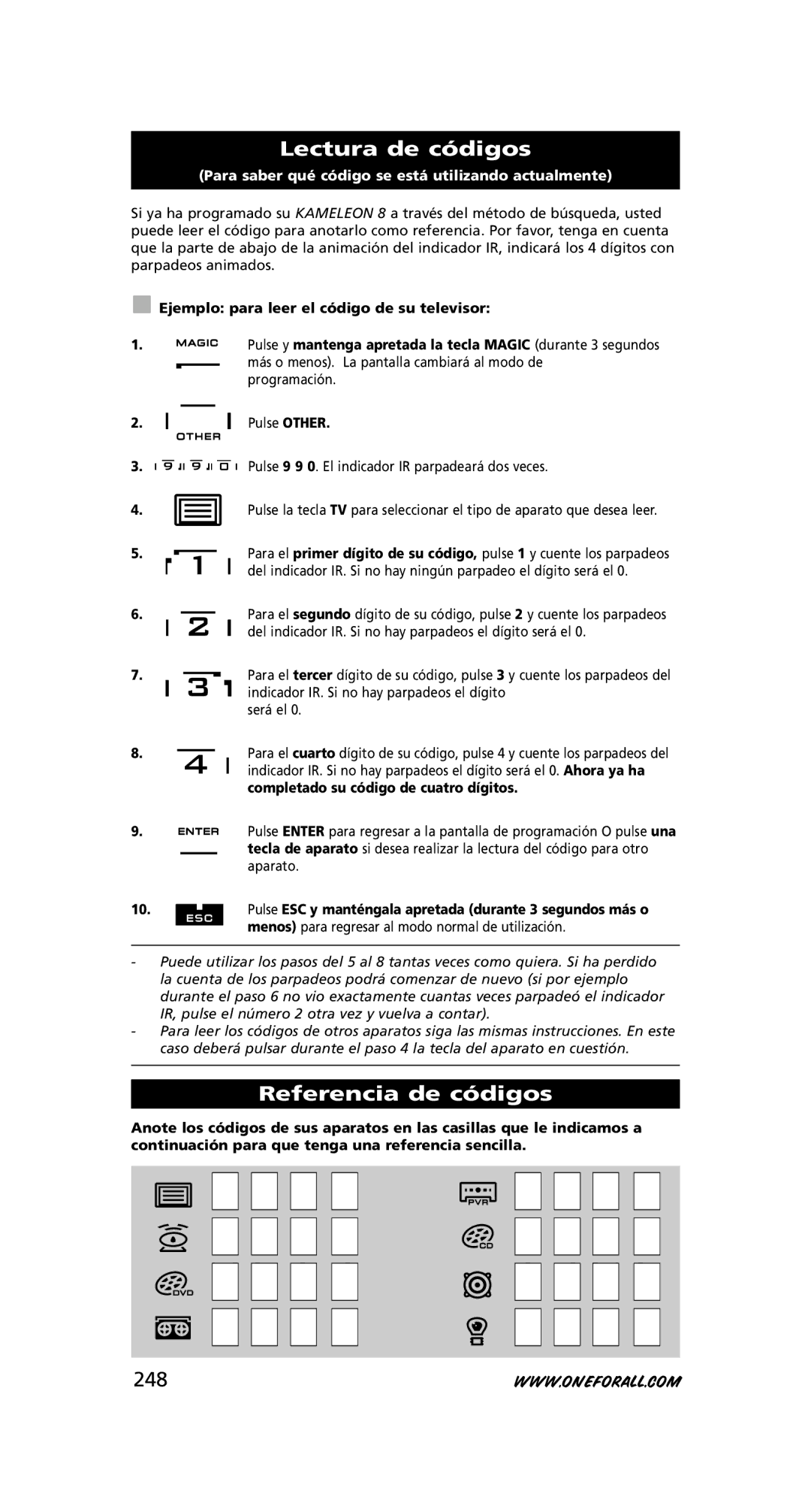 One for All URC-8308 Lectura de códigos, Referencia de códigos, 248, Ejemplo para leer el código de su televisor 