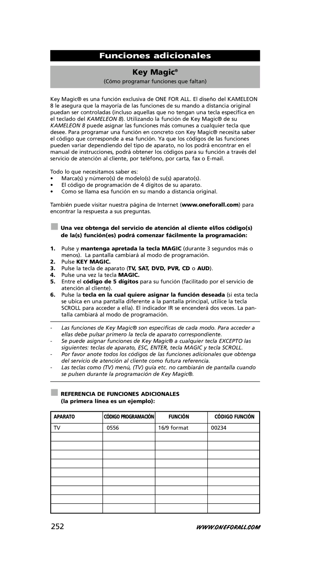 One for All URC-8308 instruction manual Funciones adicionales, 252, Pulse KEY Magic, Aparato, Función Código Función 