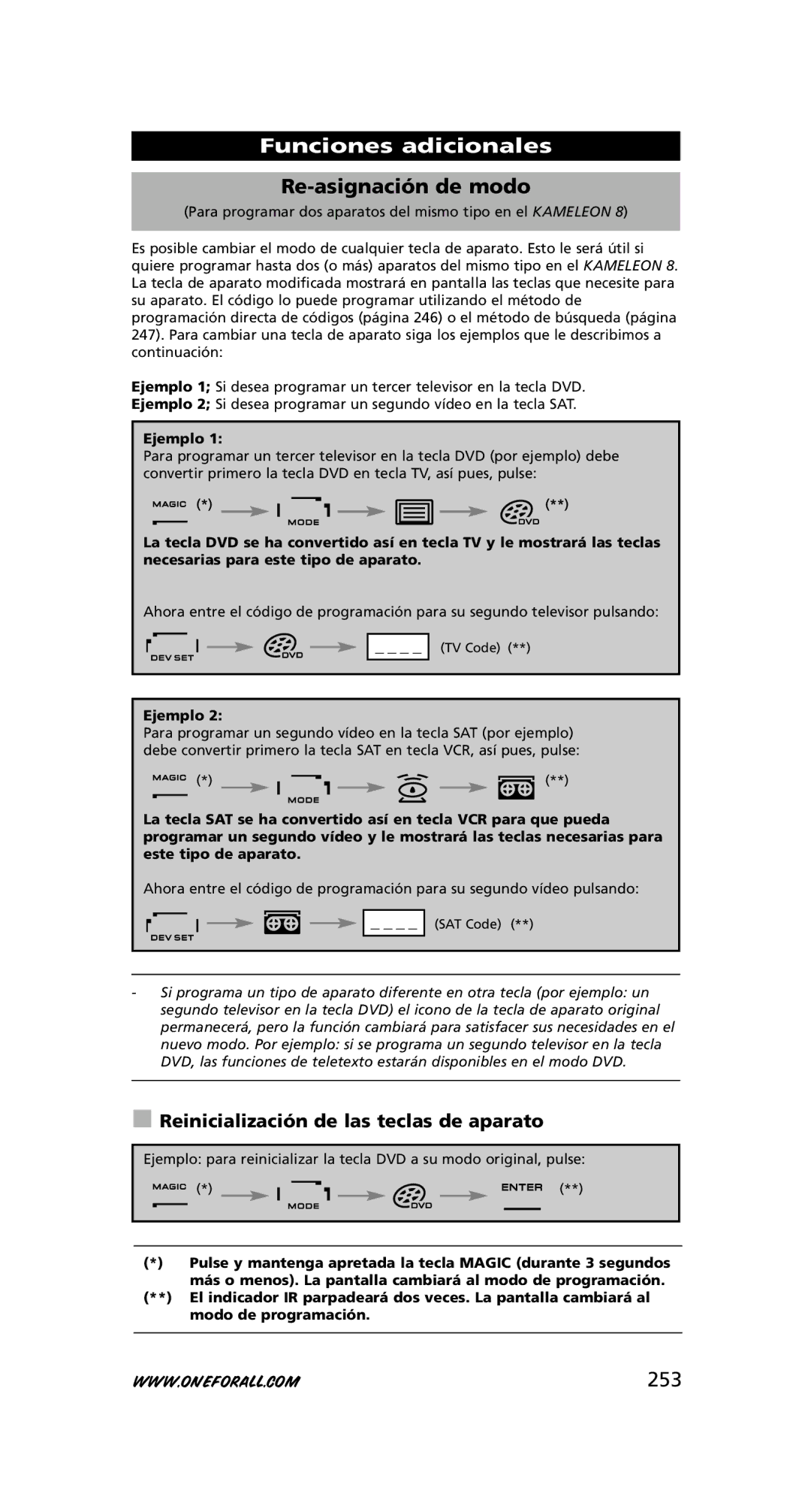 One for All URC-8308 instruction manual Re-asignación de modo, 253, Reinicialización de las teclas de aparato, Ejemplo 