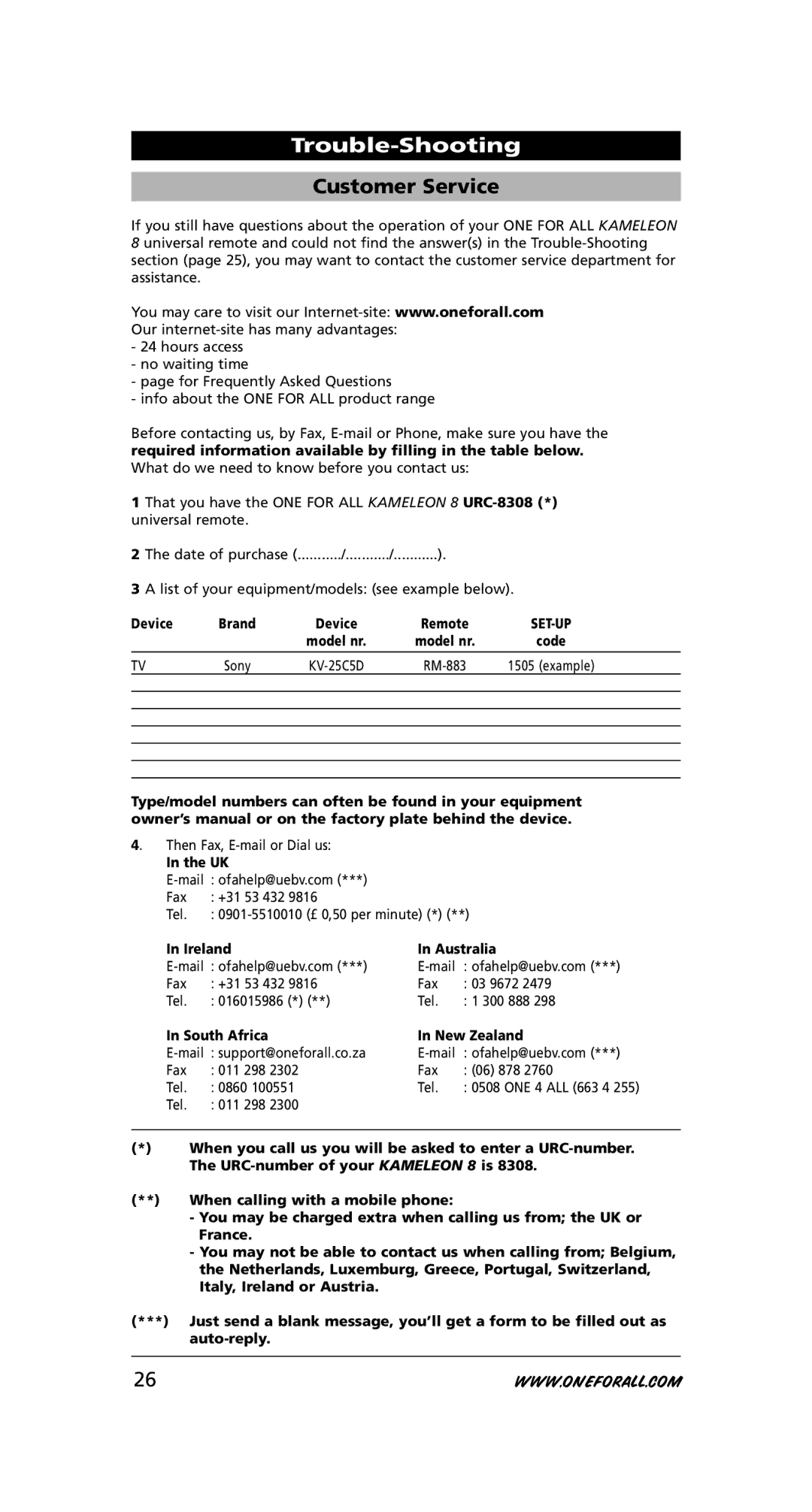 One for All URC-8308 Customer Service, List of your equipment/models see example below, Device, Ireland Australia 