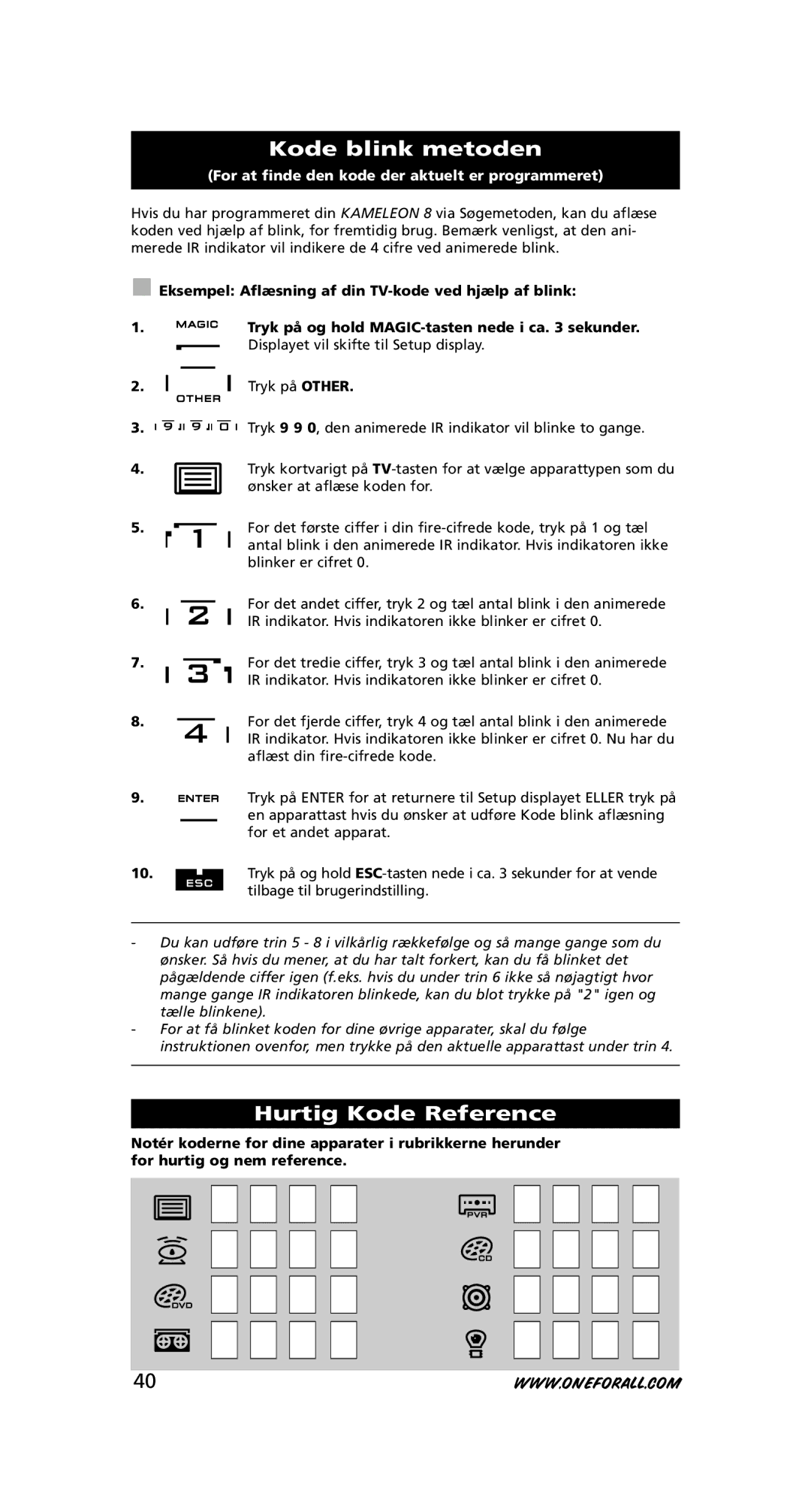 One for All URC-8308 instruction manual Kode blink metoden, Hurtig Kode Reference 