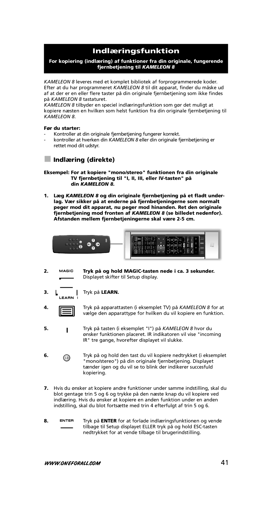 One for All URC-8308 instruction manual Indlæringsfunktion, Indlæring direkte, Før du starter 