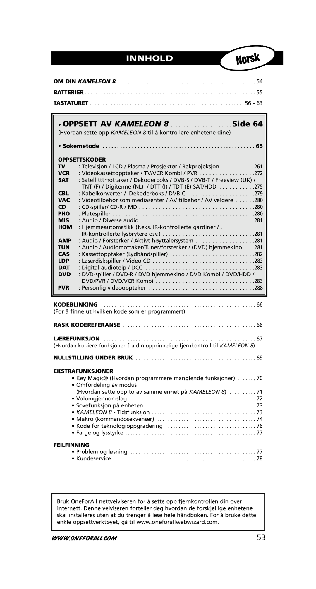 One for All URC-8308 instruction manual Oppsettskoder, Ekstrafunksjoner, Feilfinning 