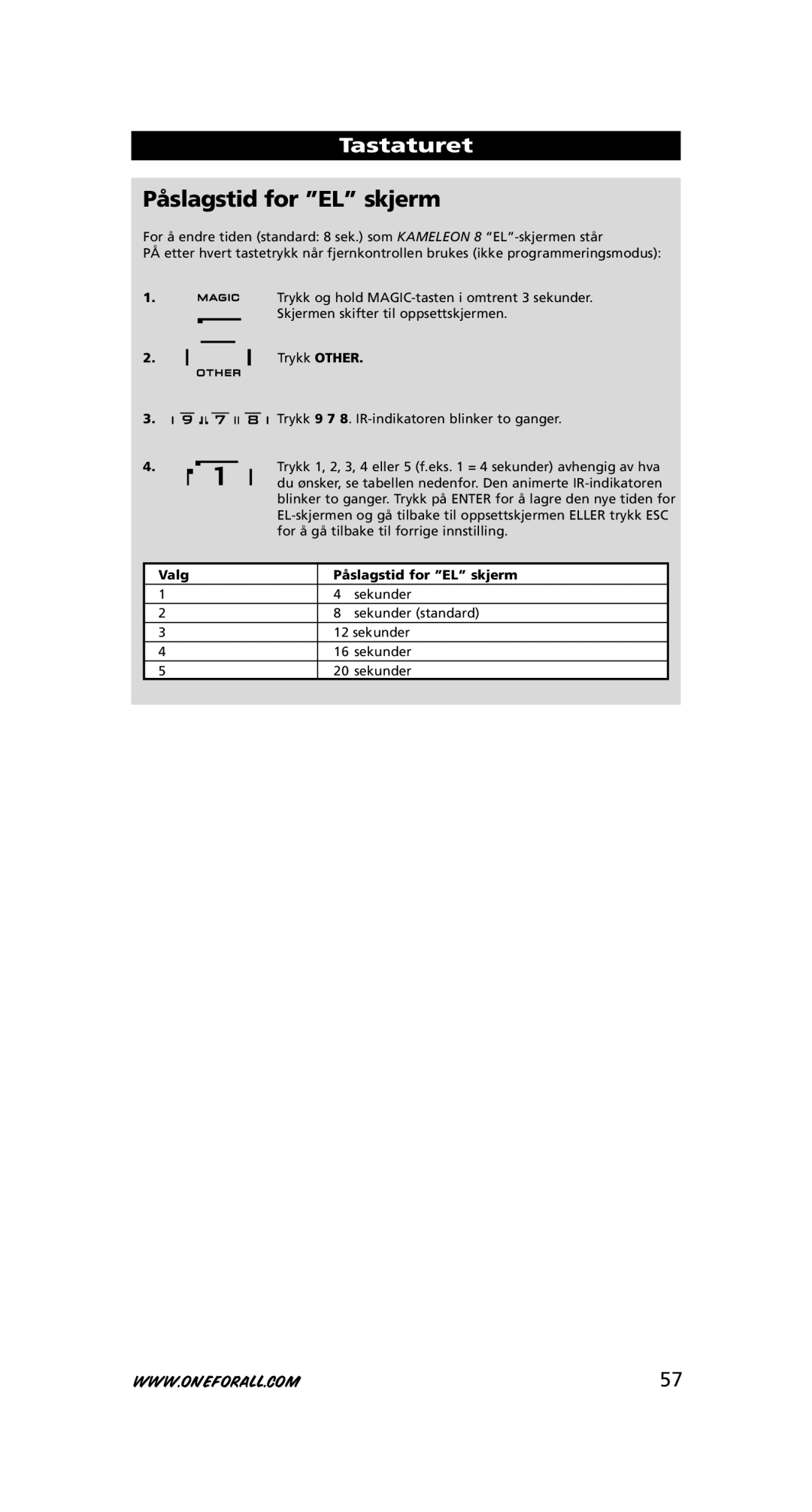 One for All URC-8308 instruction manual Valg Påslagstid for EL skjerm 