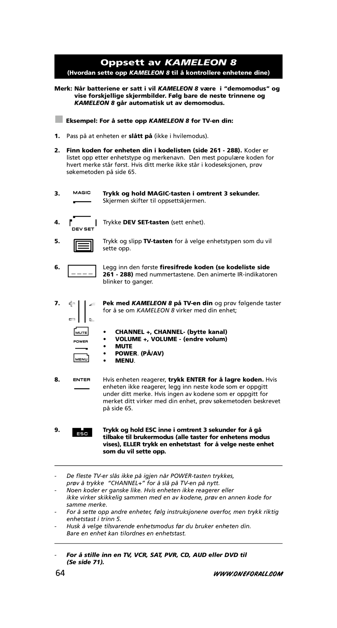 One for All URC-8308 instruction manual Oppsett av Kameleon, Mute POWER. PÅ/AV Menu 