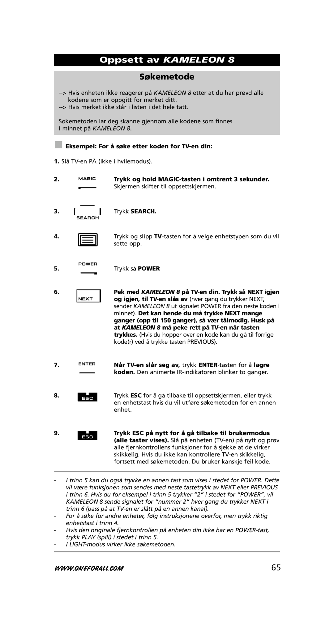 One for All URC-8308 instruction manual Søkemetode, Eksempel For å søke etter koden for TV-en din 