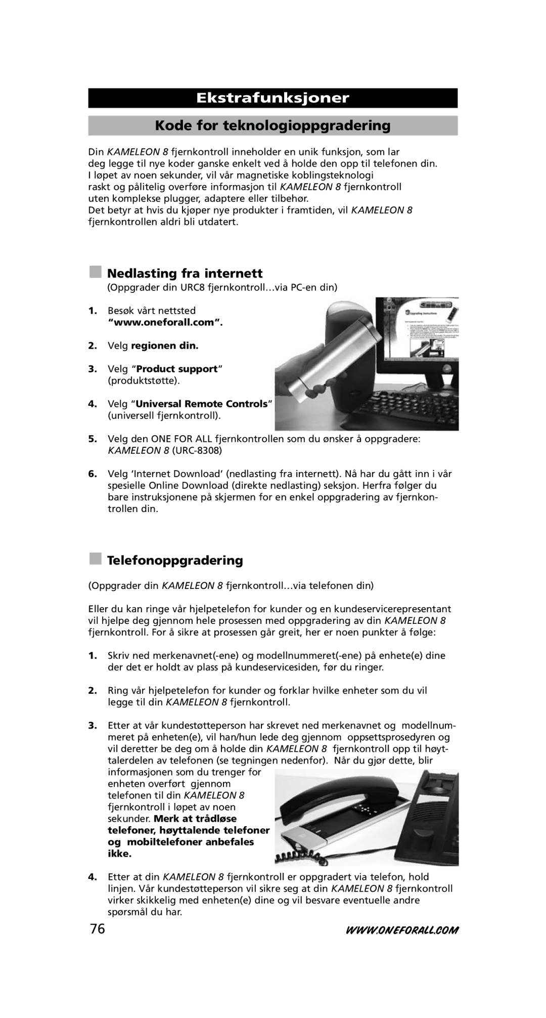 One for All URC-8308 instruction manual Kode for teknologioppgradering, Nedlasting fra internett, Telefonoppgradering 