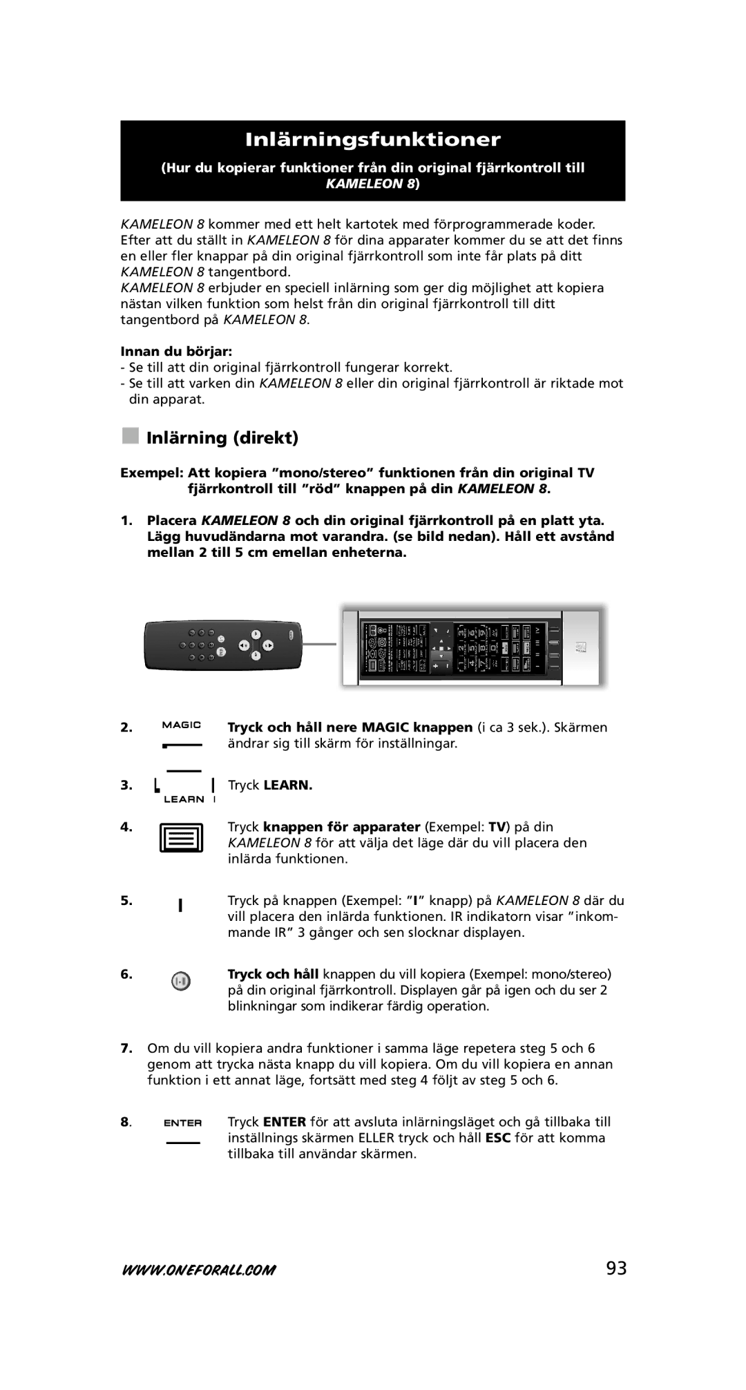 One for All URC-8308 instruction manual Inlärningsfunktioner, Inlärning direkt, Innan du börjar 