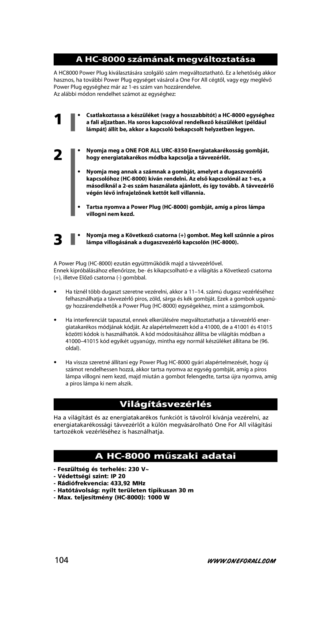 One for All URC-8350 warranty HC-8000 számának megváltoztatása, Világításvezérlés, HC-8000 műszaki adatai, 104 