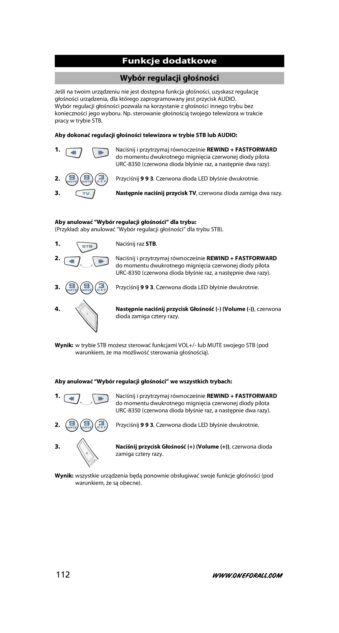 One for All URC-8350 warranty Funkcje dodatkowe, Wybór regulacji głośności, 112 