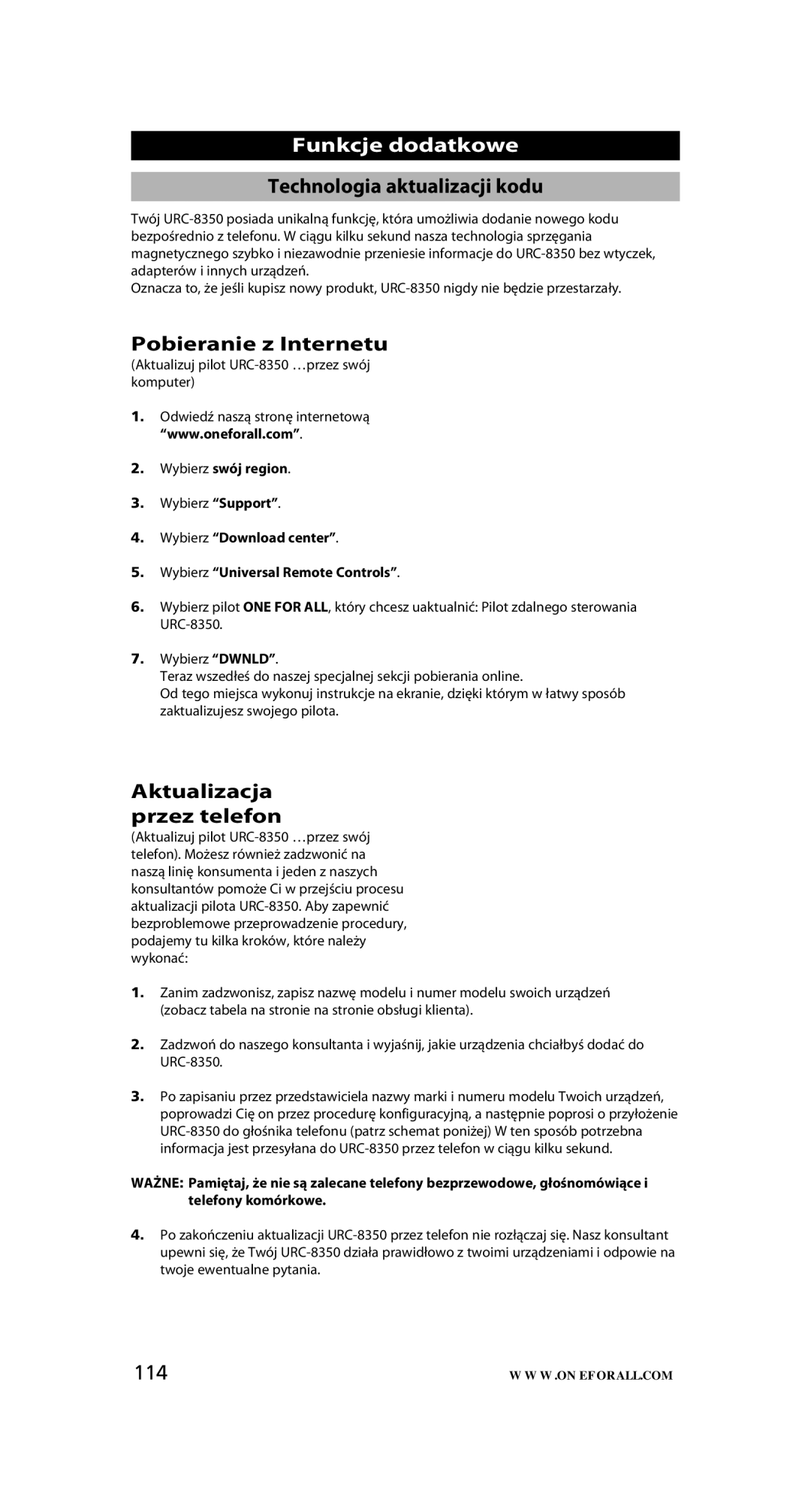 One for All URC-8350 warranty Technologia aktualizacji kodu, Pobieranie z Internetu, Aktualizacja przez telefon, 114 
