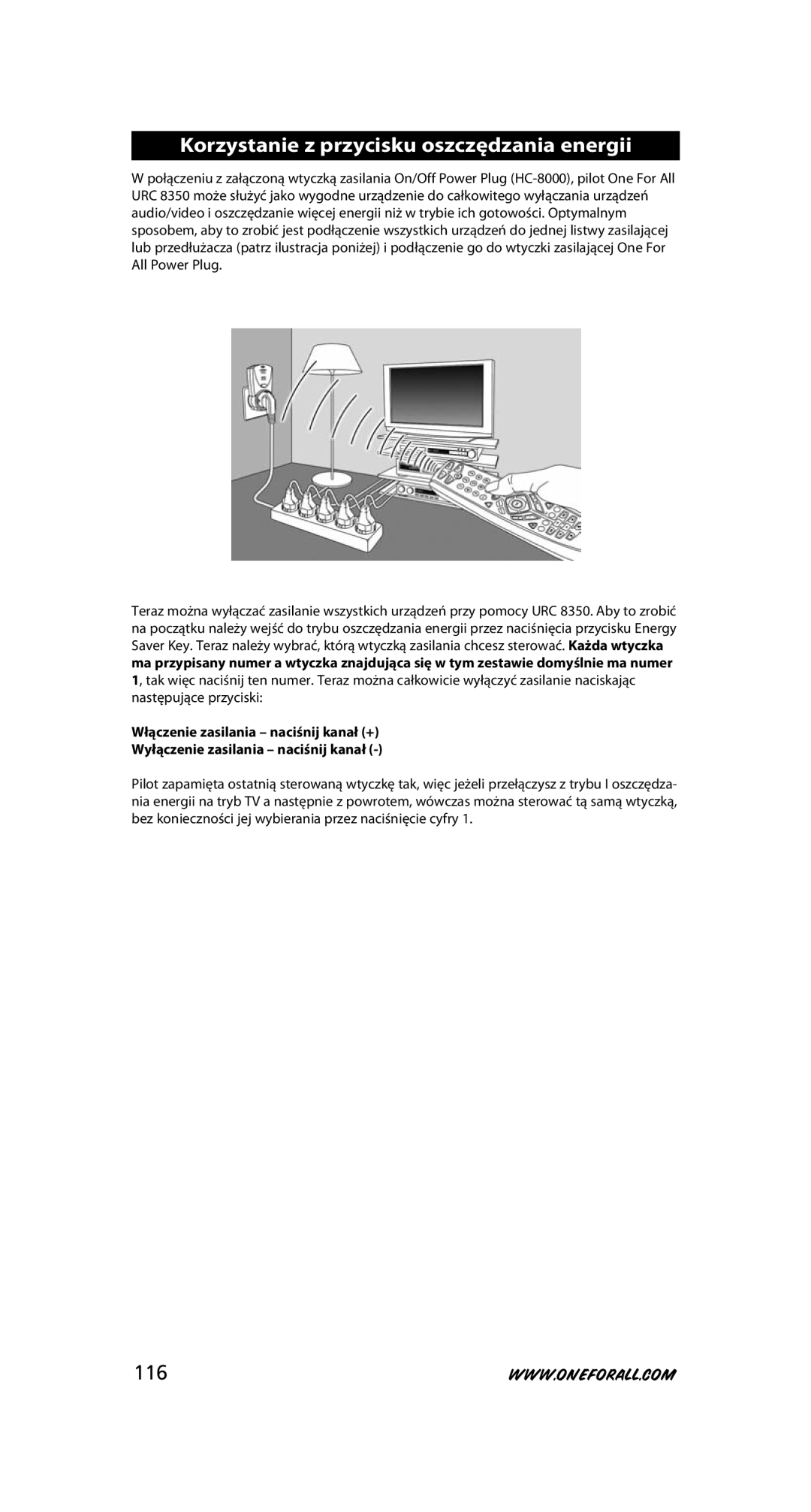 One for All URC-8350 warranty Korzystanie z przycisku oszczędzania energii, 116 